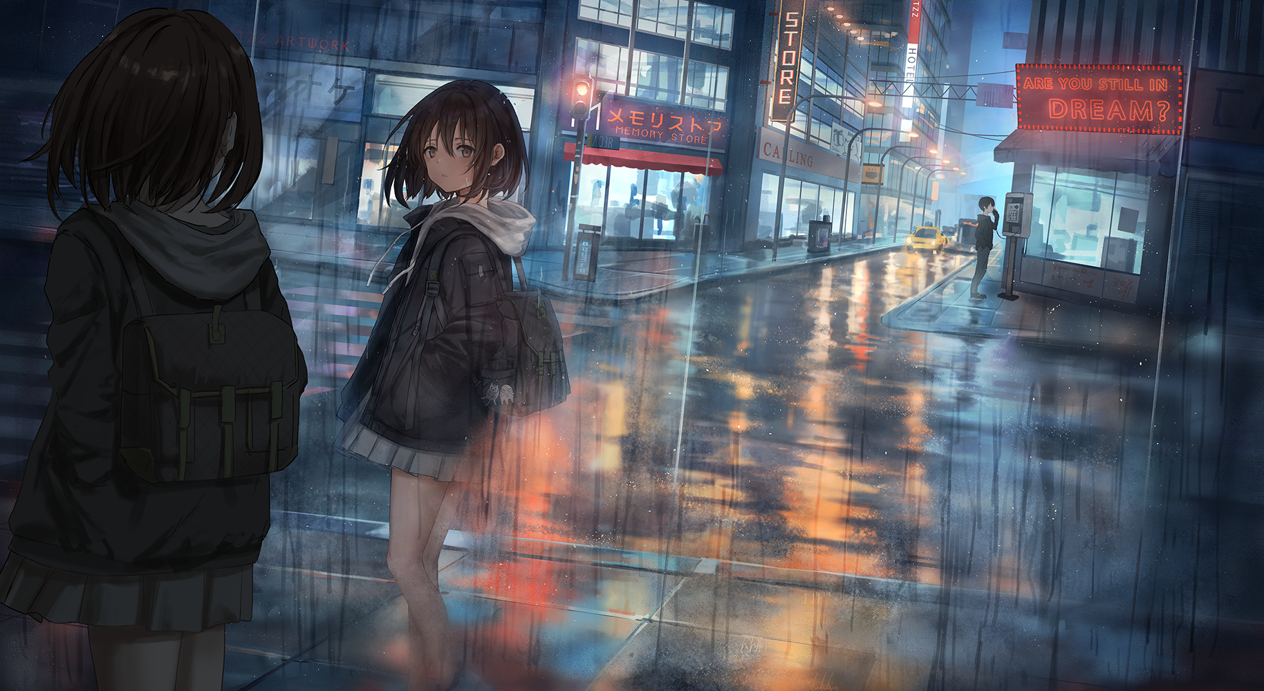 Anime 1828x1000 anime girls anime rain schoolgirl school uniform reflection Japanese backpacks