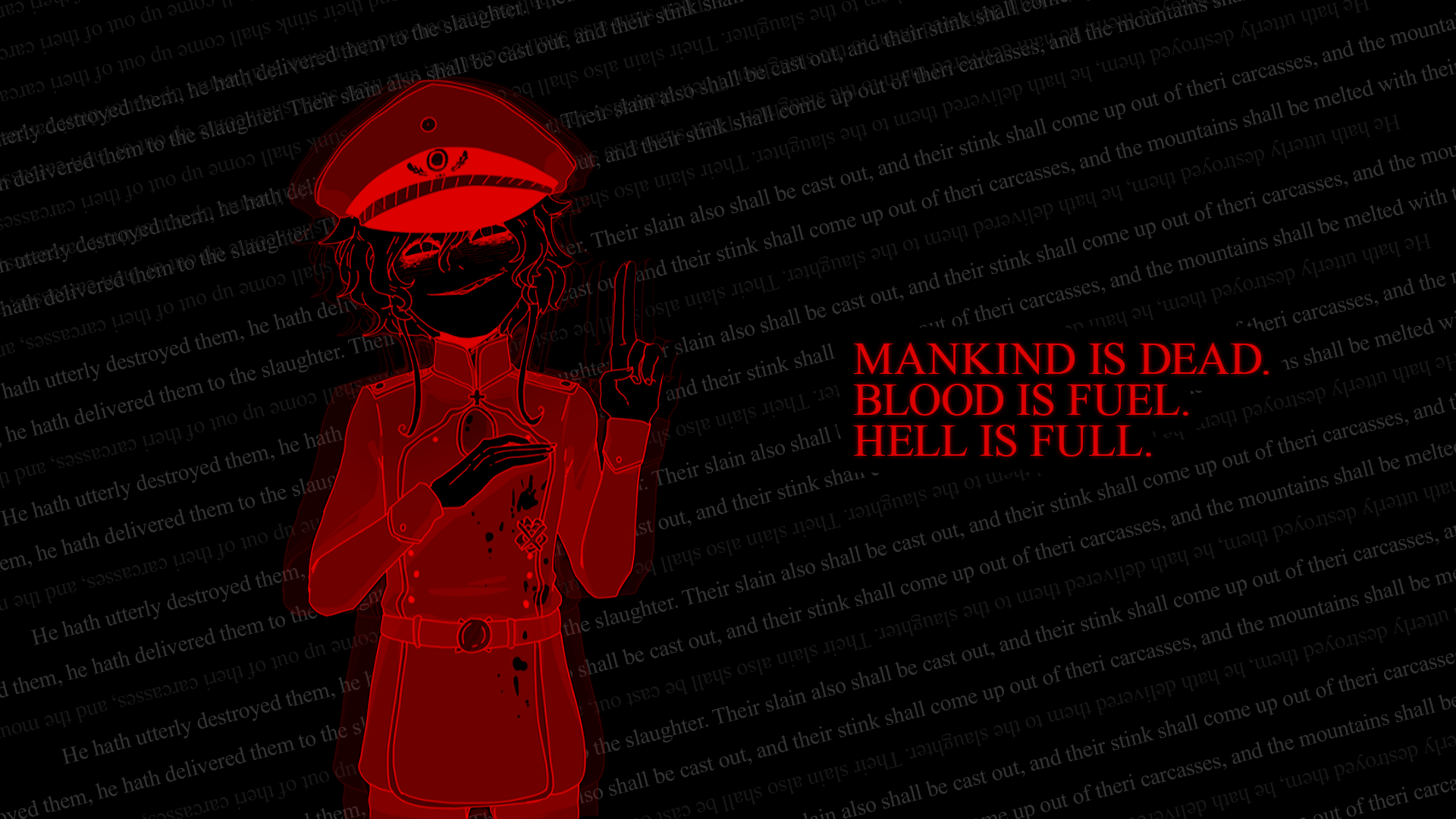 Anime 1920x1080 army military uniform Military Hat hands quote text looking at viewer smiling belt eyes red dark dark background anime anime girls hat