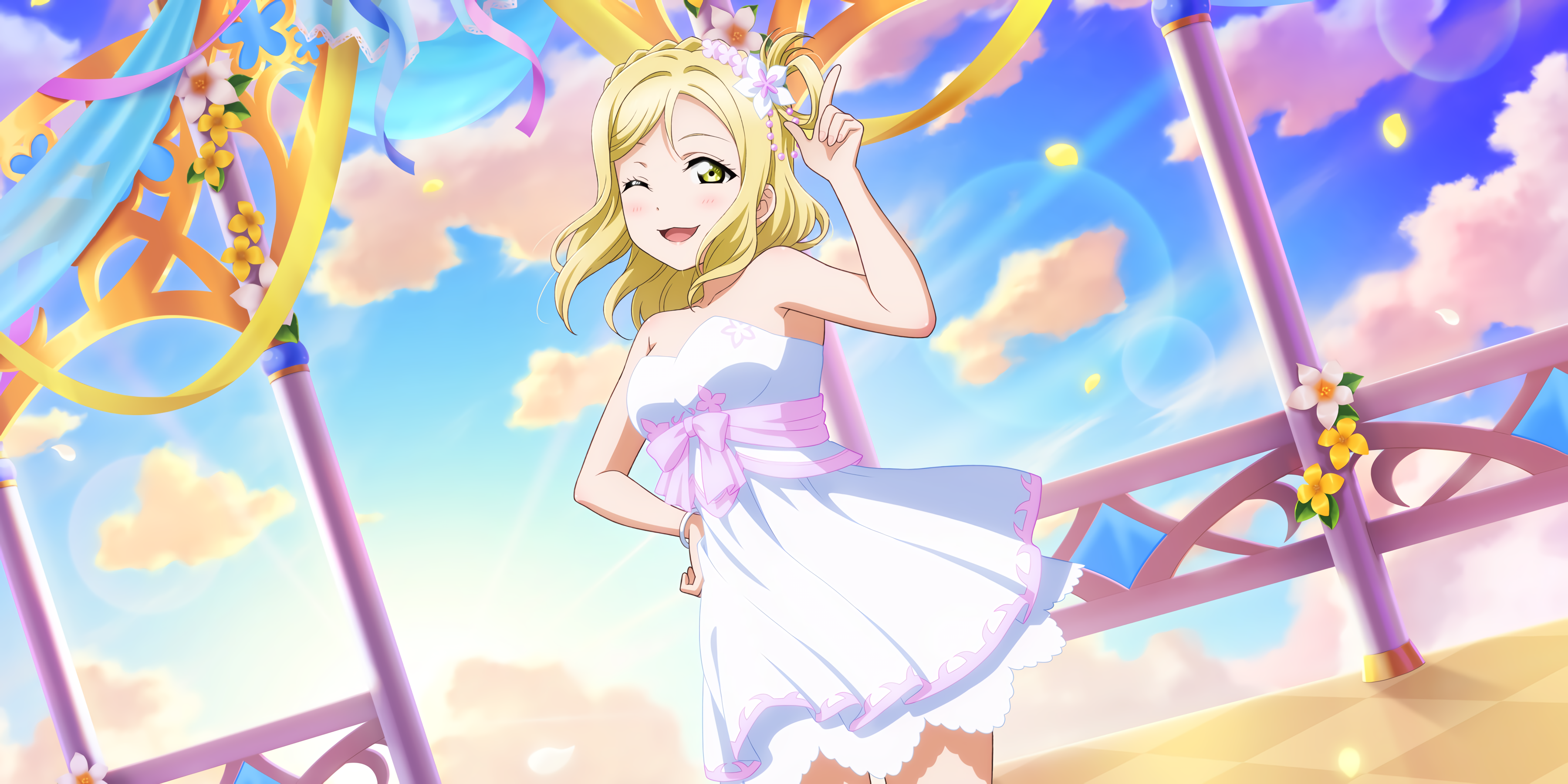 Anime 3600x1800 Ohara Mari Love Live! Sunshine Love Live! anime anime girls wink blonde flowers