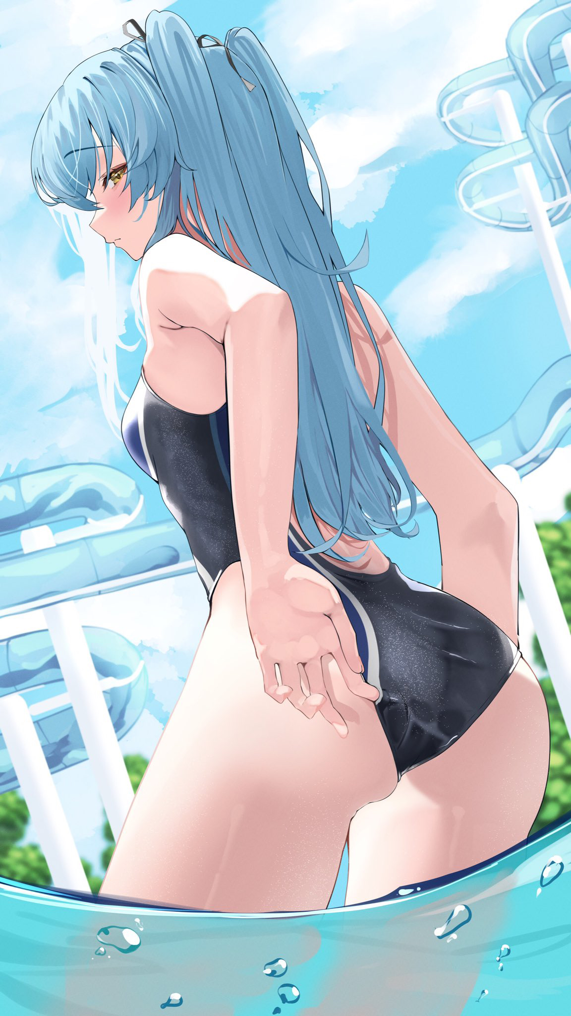 Anime 1152x2048 anime anime girls one-piece swimsuit blue hair water yellow eyes low-angle looking at viewer looking sideways