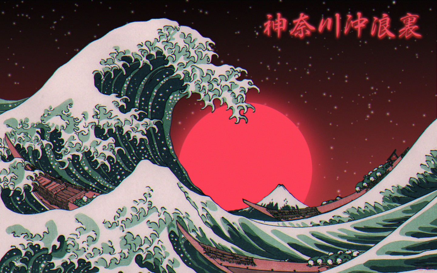Anime 1440x900 waves synthwave The Great Wave of Kanagawa water Japanese