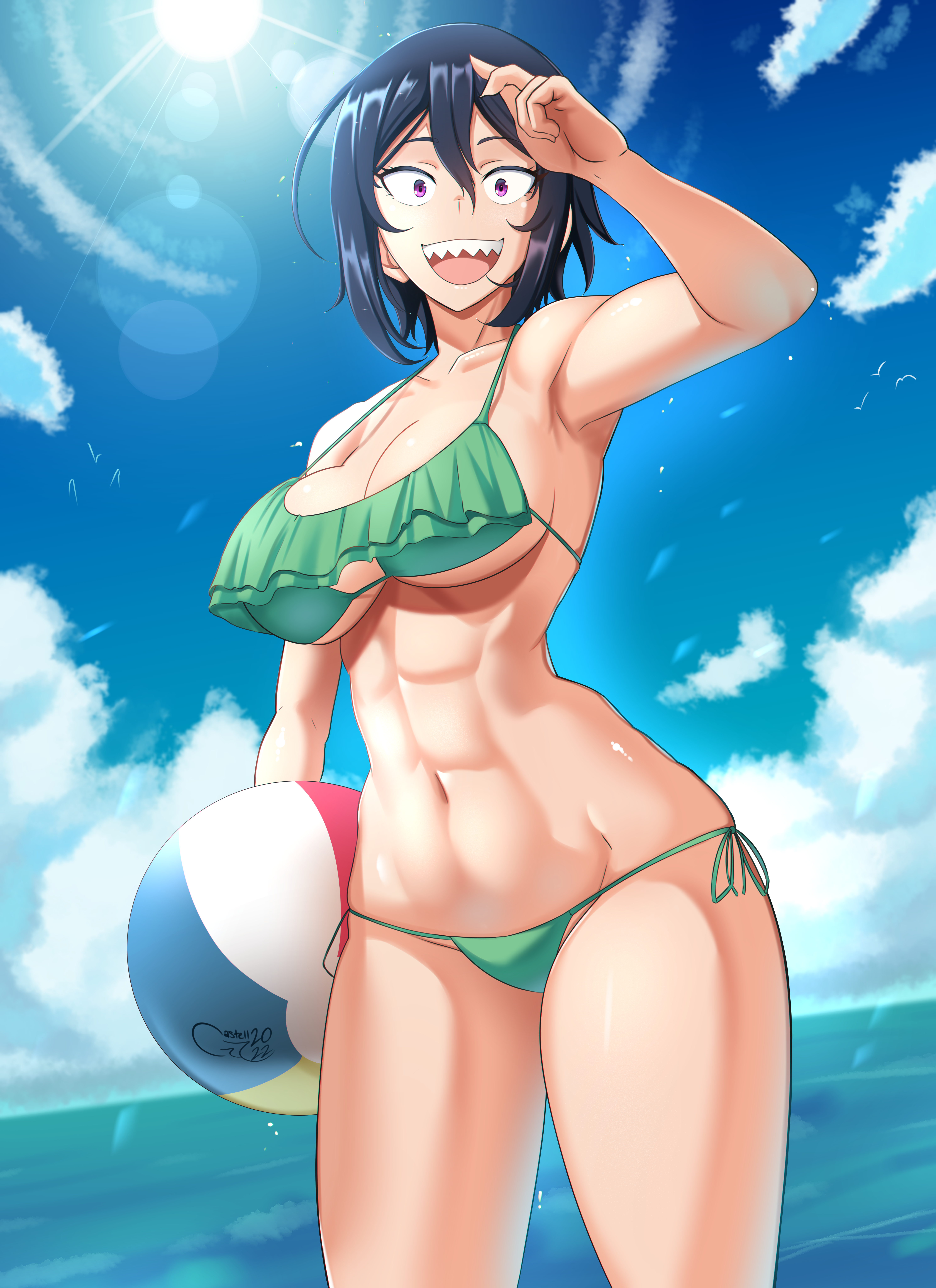 Anime 5954x8194 bikini beach Hitomi-chan wa Hitomishiri anime girls abs beach ball clouds water big boobs