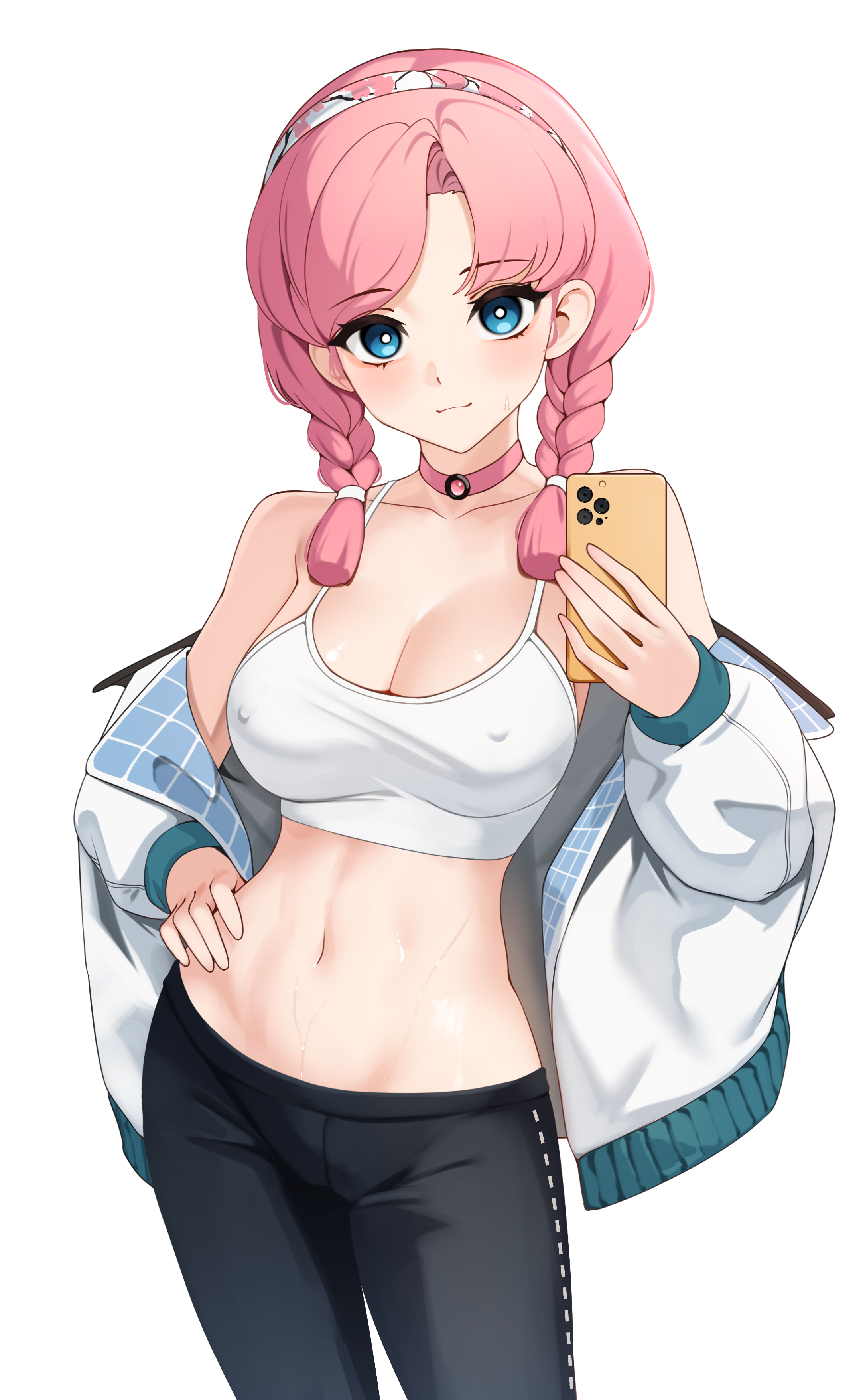 Anime 2169x3508 digital art artwork anime anime girls portrait portrait display 2D ecchi Pixiv petite looking at viewer big boobs belly belly button nipples through clothing pink hair blue eyes crop top braids hands on hips yoga pants sportswear choker Blue Poison (Arknights)
