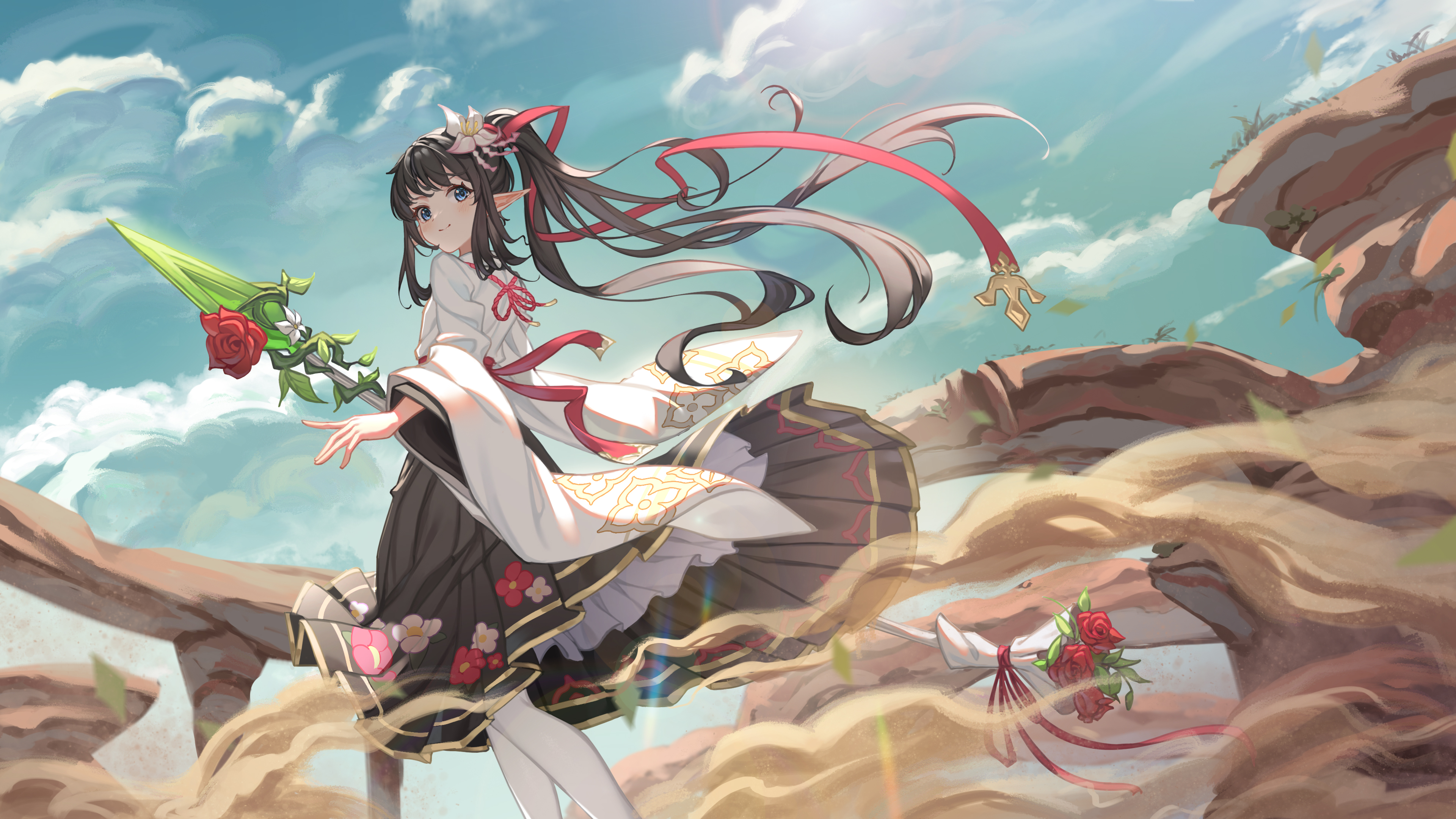 Anime 3840x2160 anime anime girls long hair twintails flowers clouds sky pointy ears
