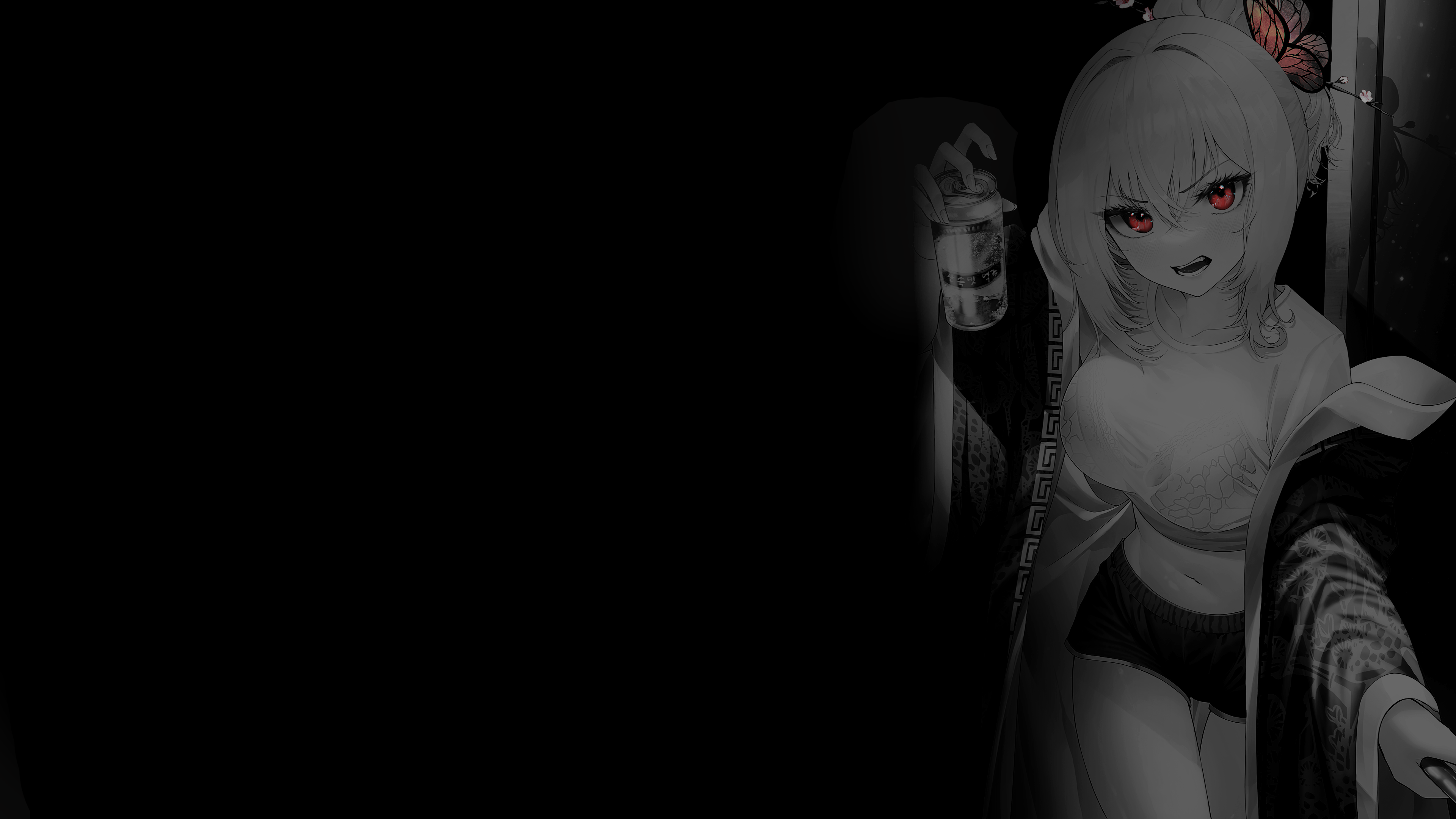 Anime 3840x2160 selective coloring black background dark background simple background anime girls red eyes drink