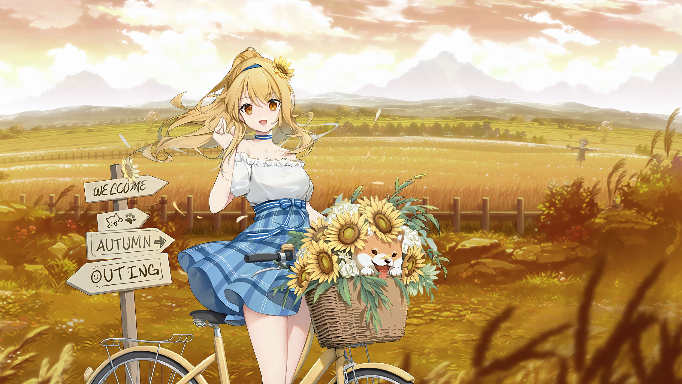Anime 2272x1280 anime anime girls blonde flowers dog bicycle yellow eyes
