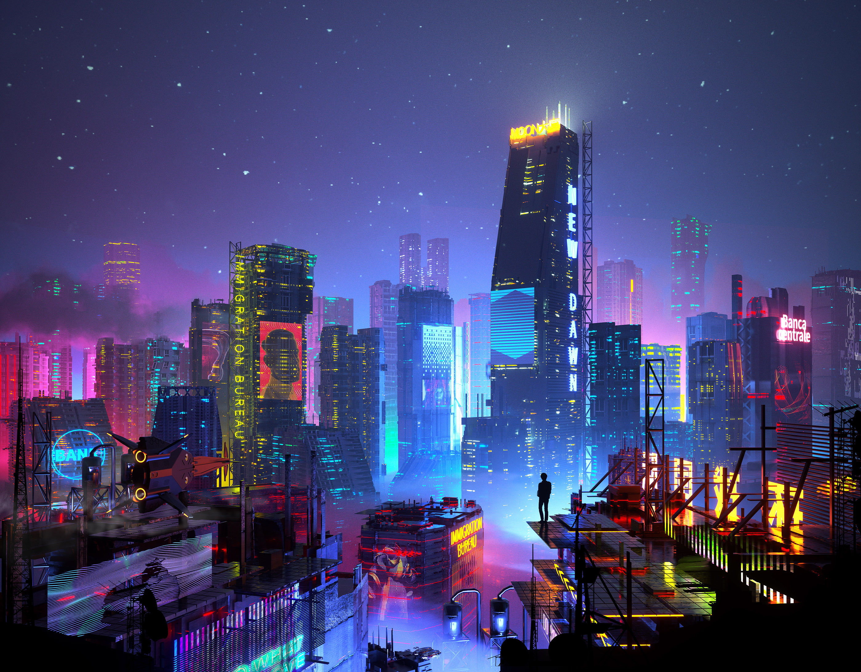 General 2800x2187 digital art artwork illustration city cityscape night futuristic futuristic city cyberpunk building architecture skyscraper stars
