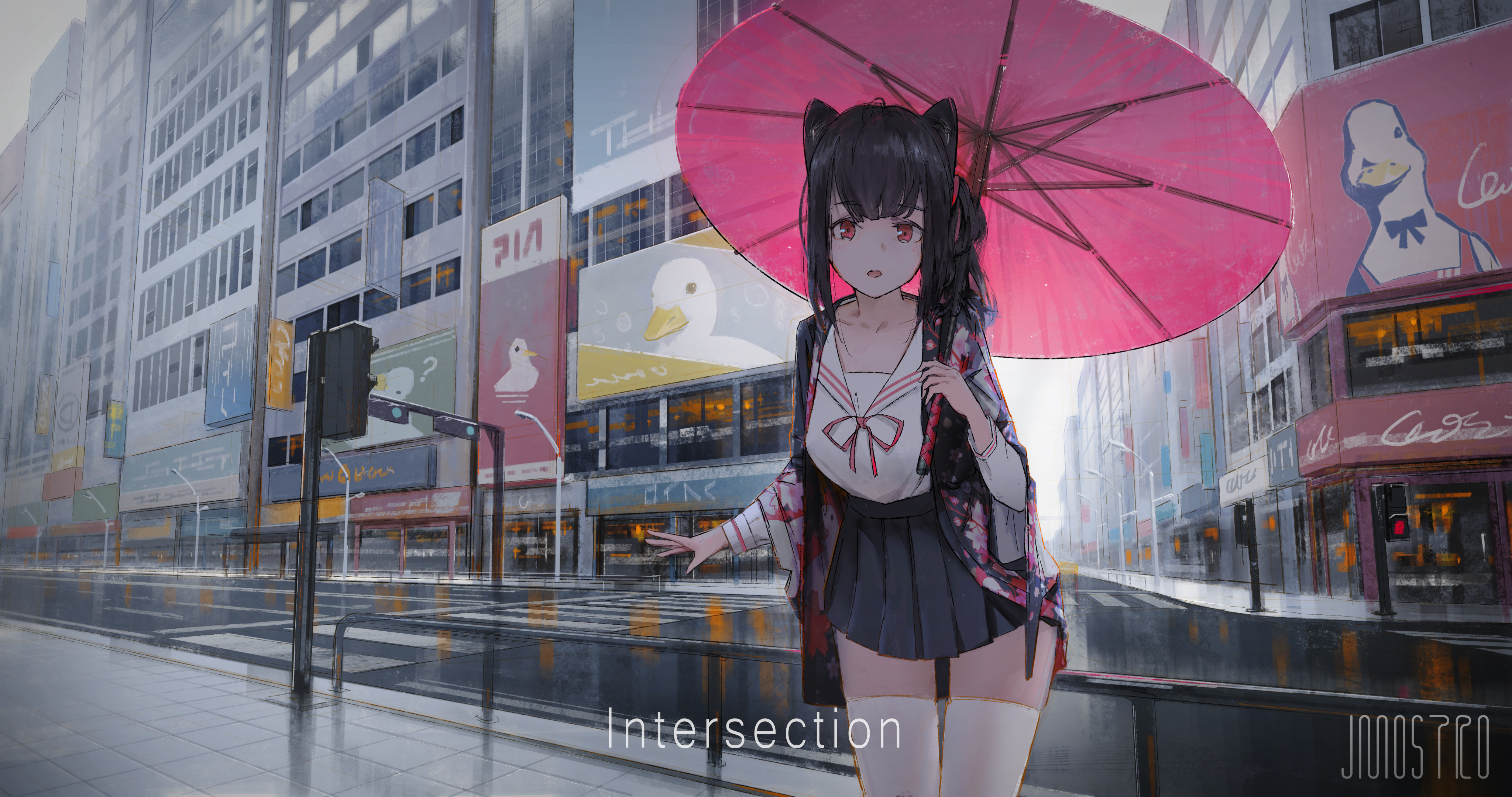 Anime 4096x2160 JMOSTRO anime anime girls urban city umbrella skirt stockings dark hair women outdoors long hair black skirts looking at viewer