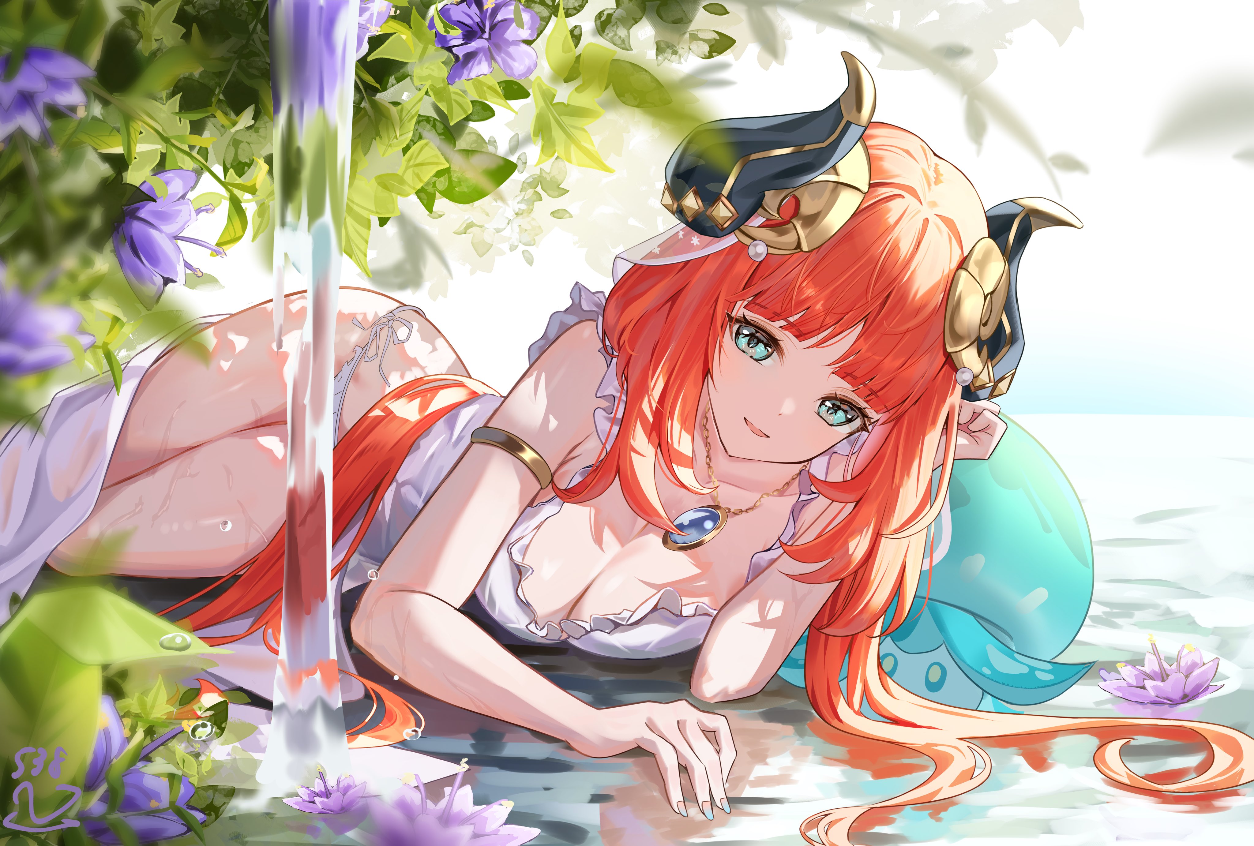 Anime 4096x2764 Genshin Impact waterfall anime girls purple flowers lying on side white dress looking at viewer redhead Nilou (Genshin Impact) Fungi (Genshin Impact) dress white underwear aqua eyes white panties arm support big boobs gemstone necklace water cleavage wet clothing wet body armlet Komiya Latte smiling open mouth long hair thighs gems veils flowers leaves wet
