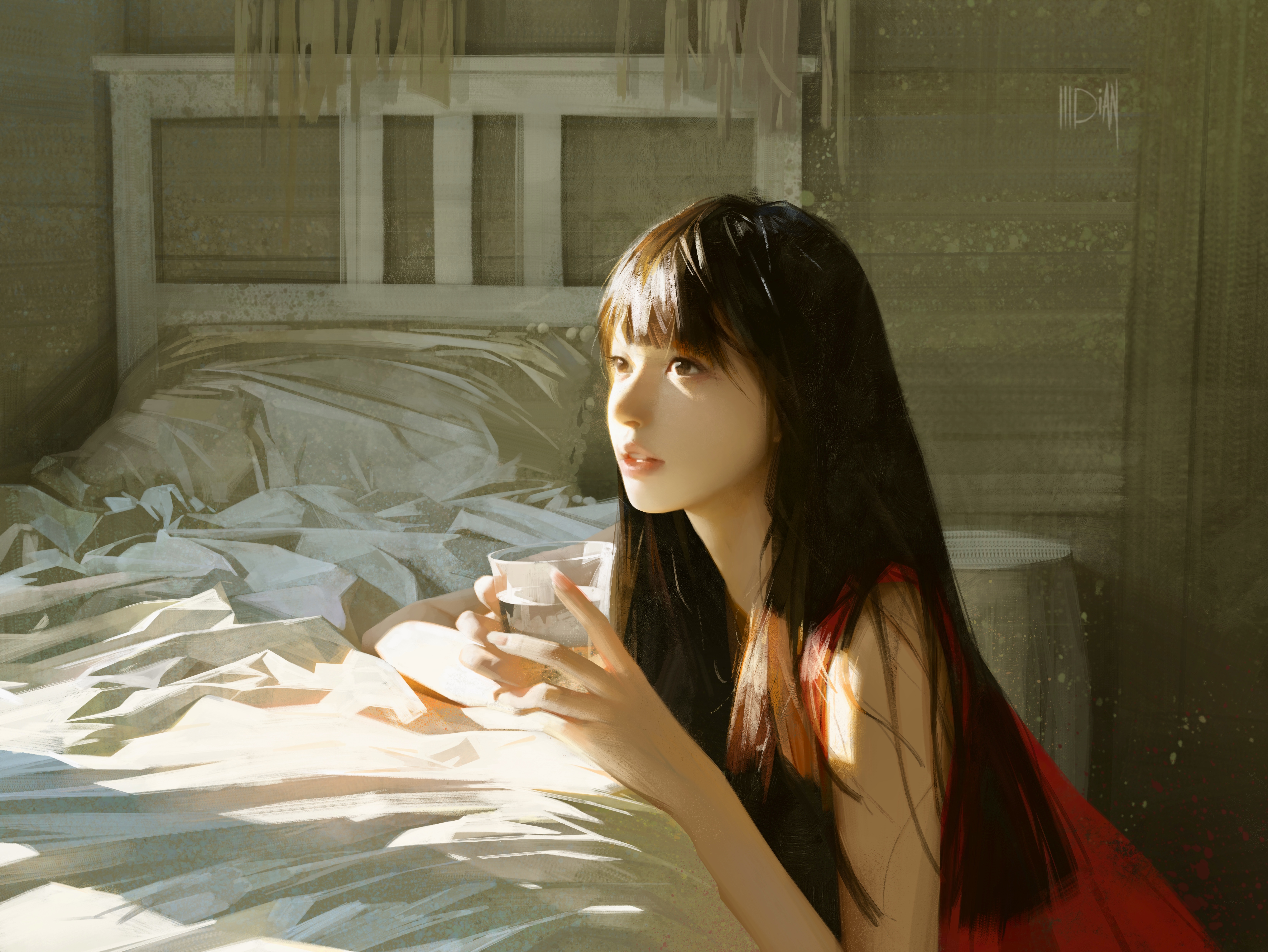 General 6604x4961 ILLDIAN digital art artwork illustration painting women long hair dark hair bed room indoors sunlight Asian looking away