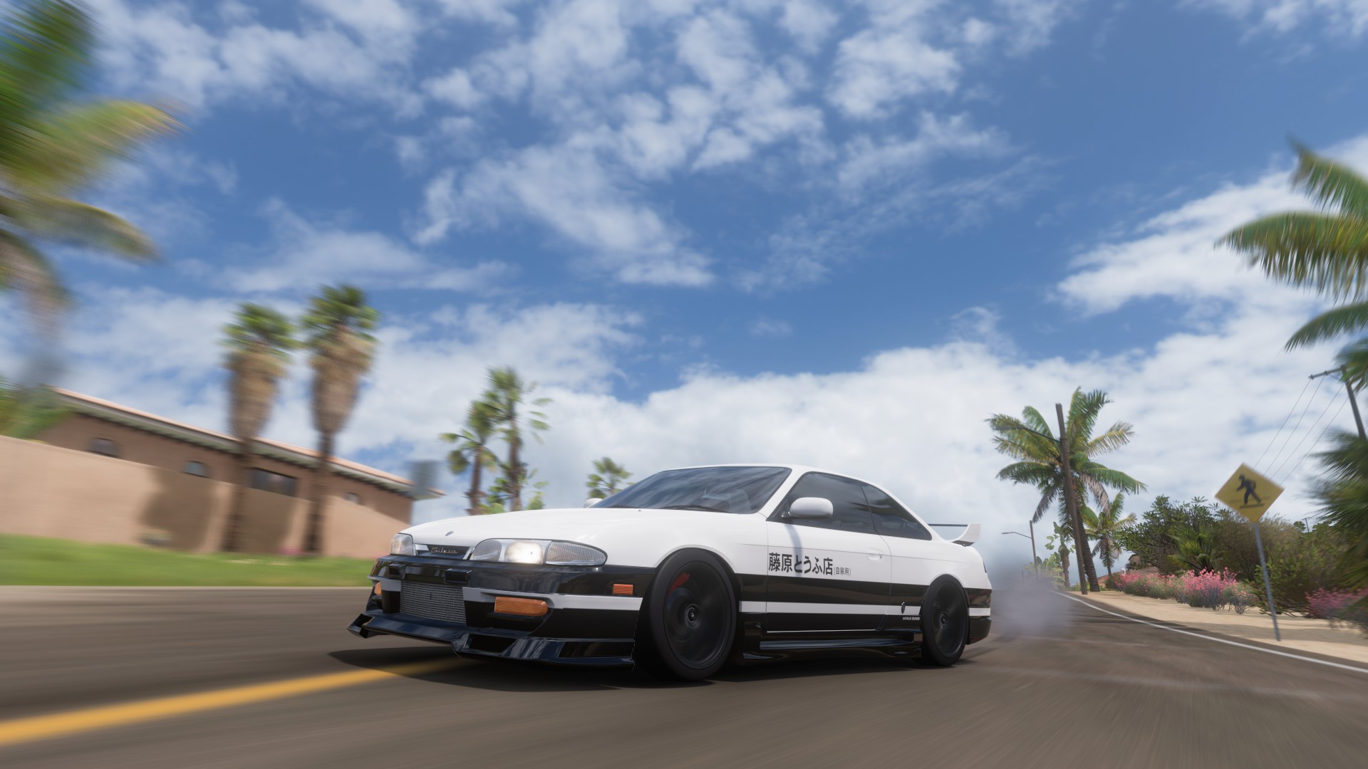 General 1920x1080 Initial D Nissan Silvia S14 Forza Horizon 5 Nissan Japanese cars video games PlaygroundGames sky clouds frontal view video game art CGI motion blur palm trees signs headlights