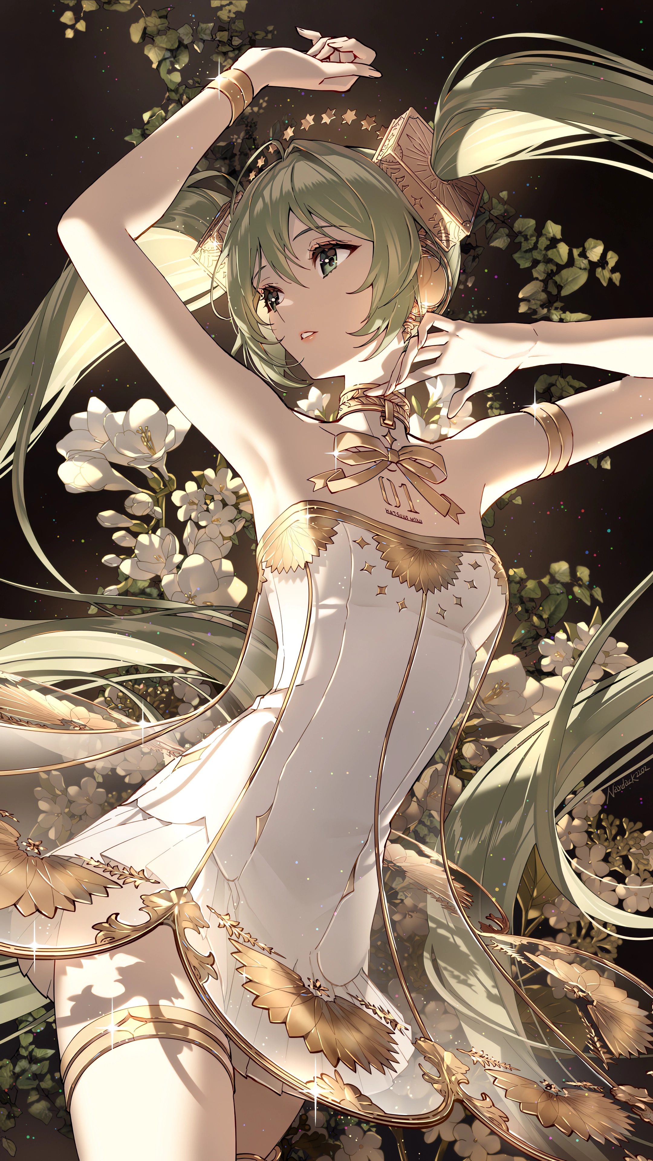 Anime 2160x3840 anime anime girls Hatsune Miku Vocaloid long hair twintails dress flowers looking away bracelets portrait display armpits green hair green eyes