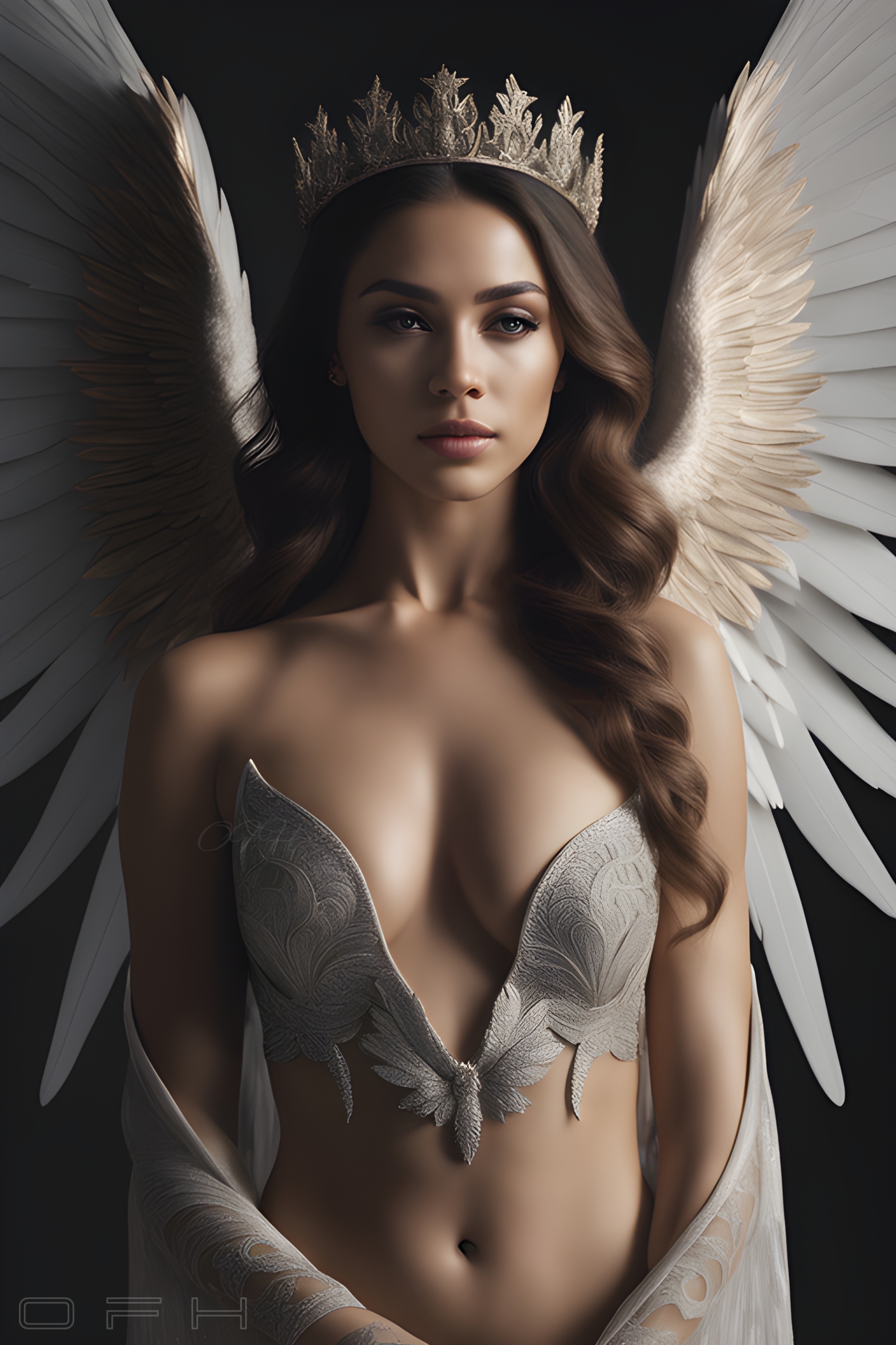General 2176x3264 AI art OneFinalHug angel girl fashion fantasy girl digital art cleavage big boobs long hair crown looking at viewer wings portrait display belly belly button bare shoulders