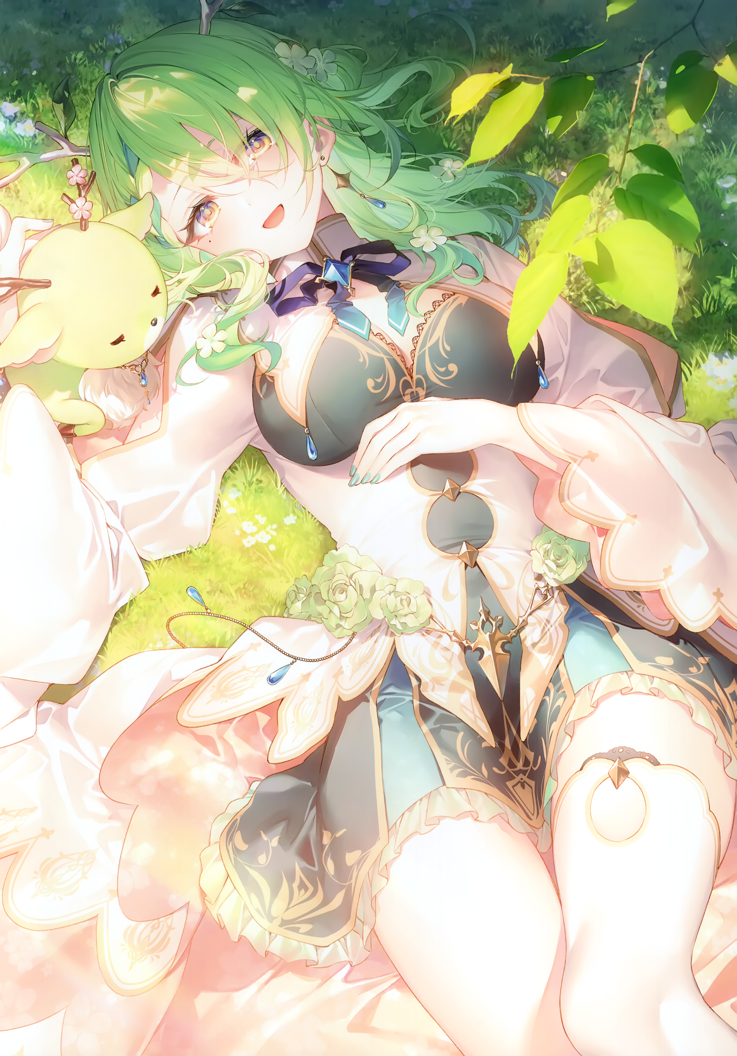 Anime 2418x3465 Hololive Toosaka Asagi anime girls portrait display Ceres Fauna lying down lying on back antlers black hair high angle yellow eyes outdoors Virtual Youtuber grass flowers hair ornament long sleeves earring looking up long hair mole under eye moles dress looking at viewer Nemu (Ceres Fauna) plants green dress green nails missing stocking leaves smiling open mouth blue ribbons jewelry flower in hair gems