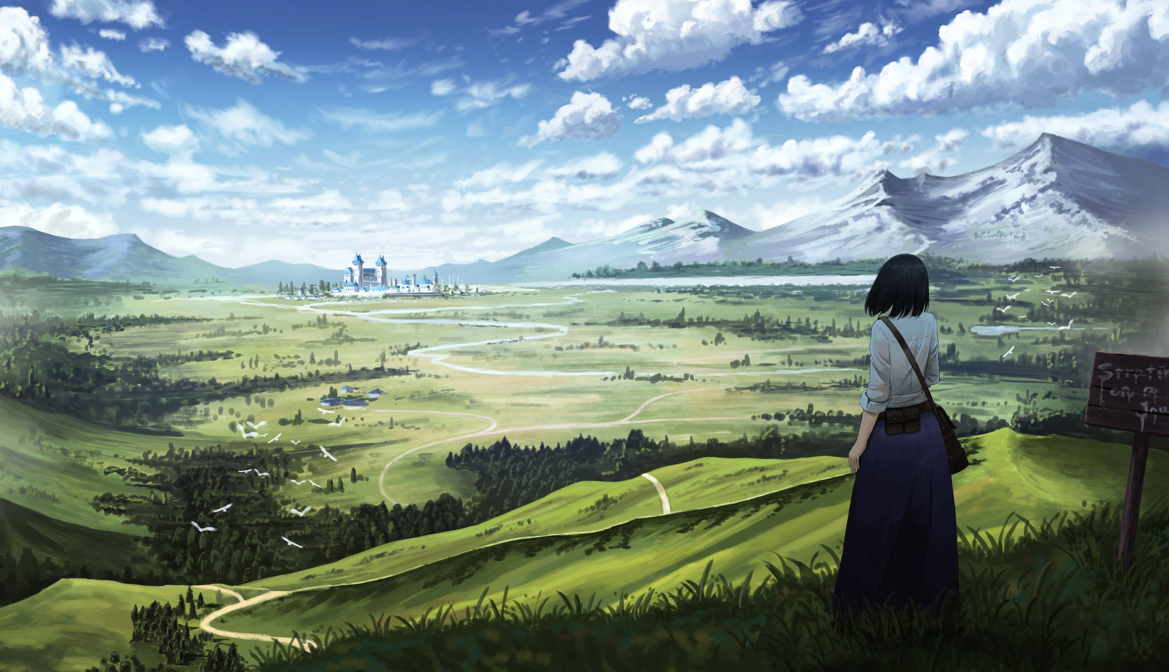 Anime 4000x2300 anime girls grass snowy peak sky clouds landscape green standing short hair bag looking into the distance castle mountains hills