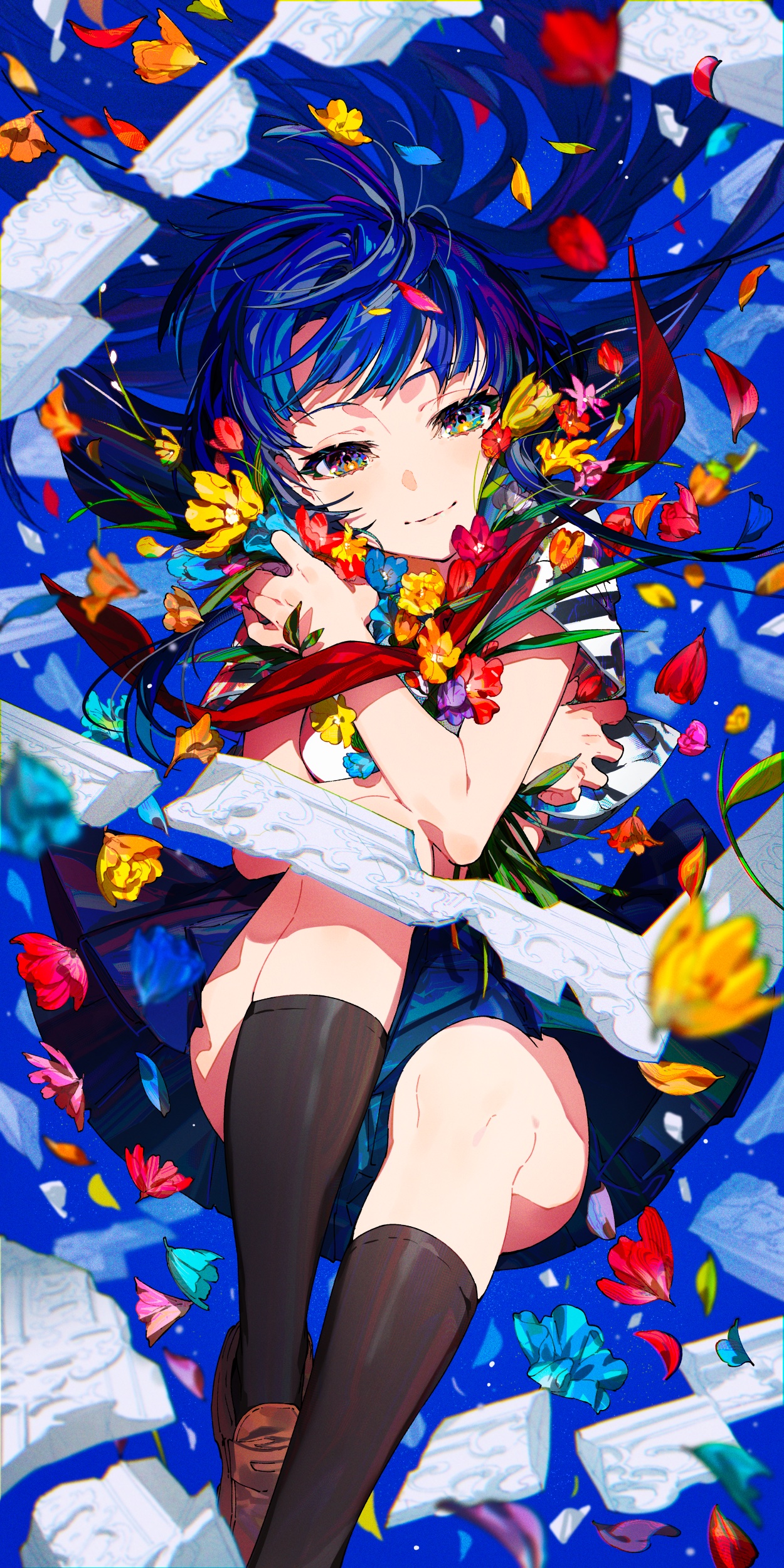 Anime 1250x2500 anime girls portrait display colorful school uniform looking at viewer petals blue hair closed mouth long hair messy hair socks mika pikazo loafer blue background multi-colored eyes flowers black socks  mid calf socks shoes