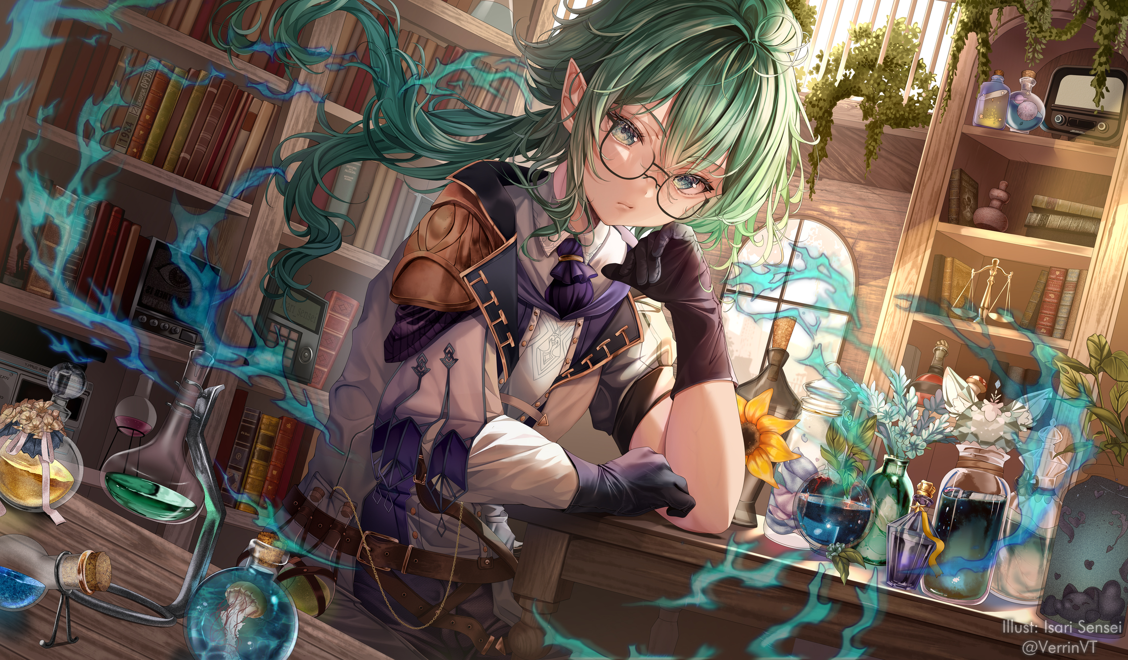 Anime 2300x1346 anime anime girls Sucrose (Genshin Impact) Genshin Impact gloves indoors looking at viewer green hair green eyes pointy ears glasses sitting watermarked sunlight window potions long hair books