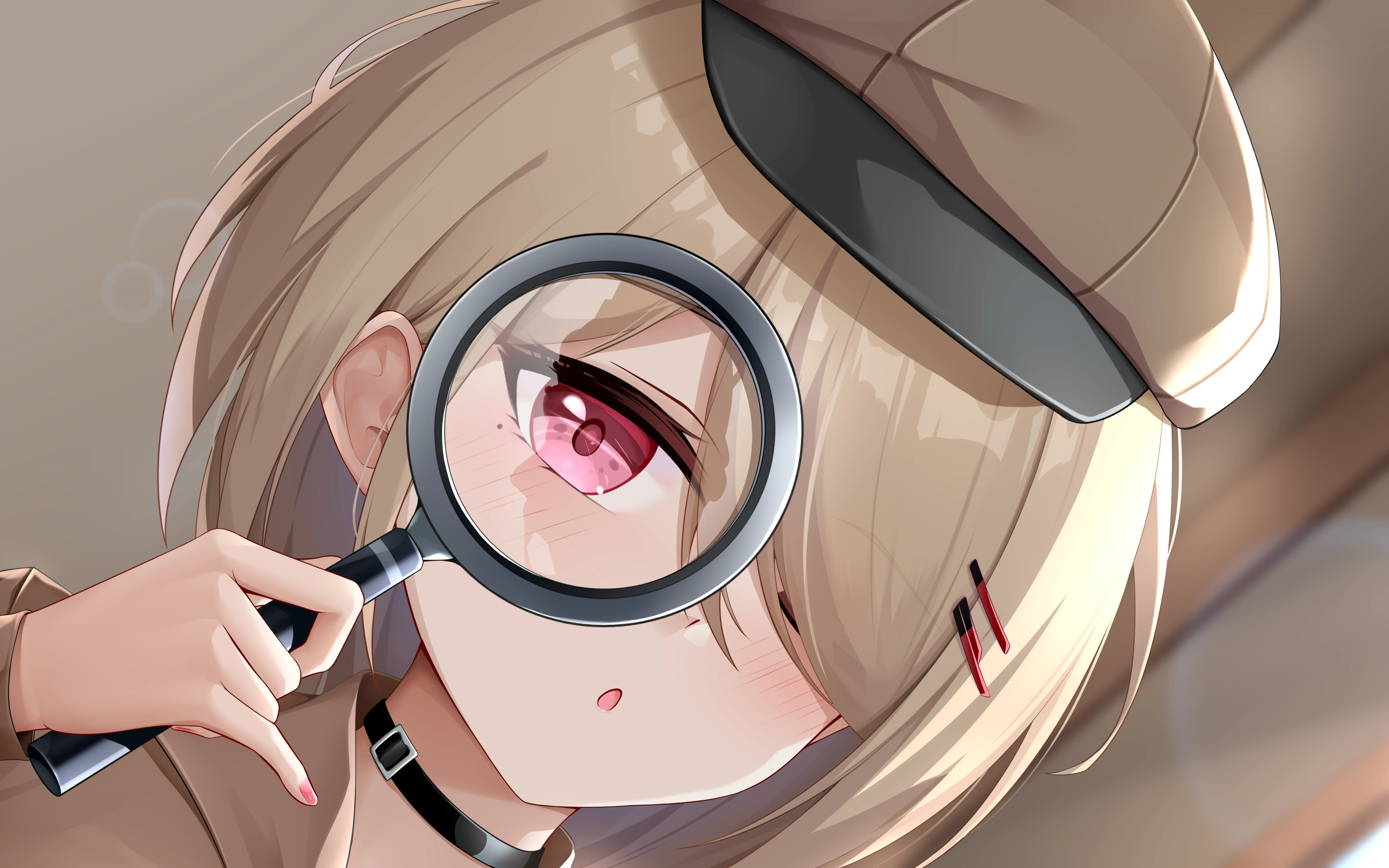 Anime 4800x3000 anime anime girls Pixiv magnifying glass moles mole under eye hat blushing short hair one eye closed hair over one eye choker purple eyes hairpins open mouth detectives looking at viewer face