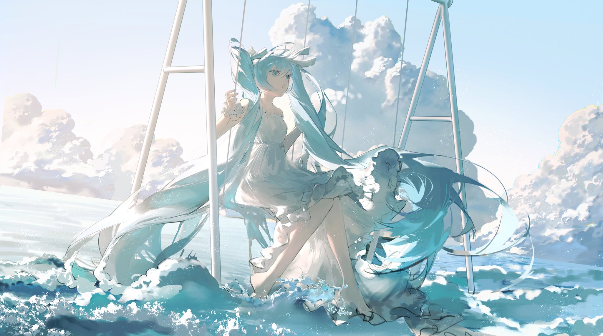 Anime 2048x1142 anime anime girls Hatsune Miku swings Vocaloid twintails blue hair blue eyes water waves sitting looking away sunlight sky clouds dress artwork