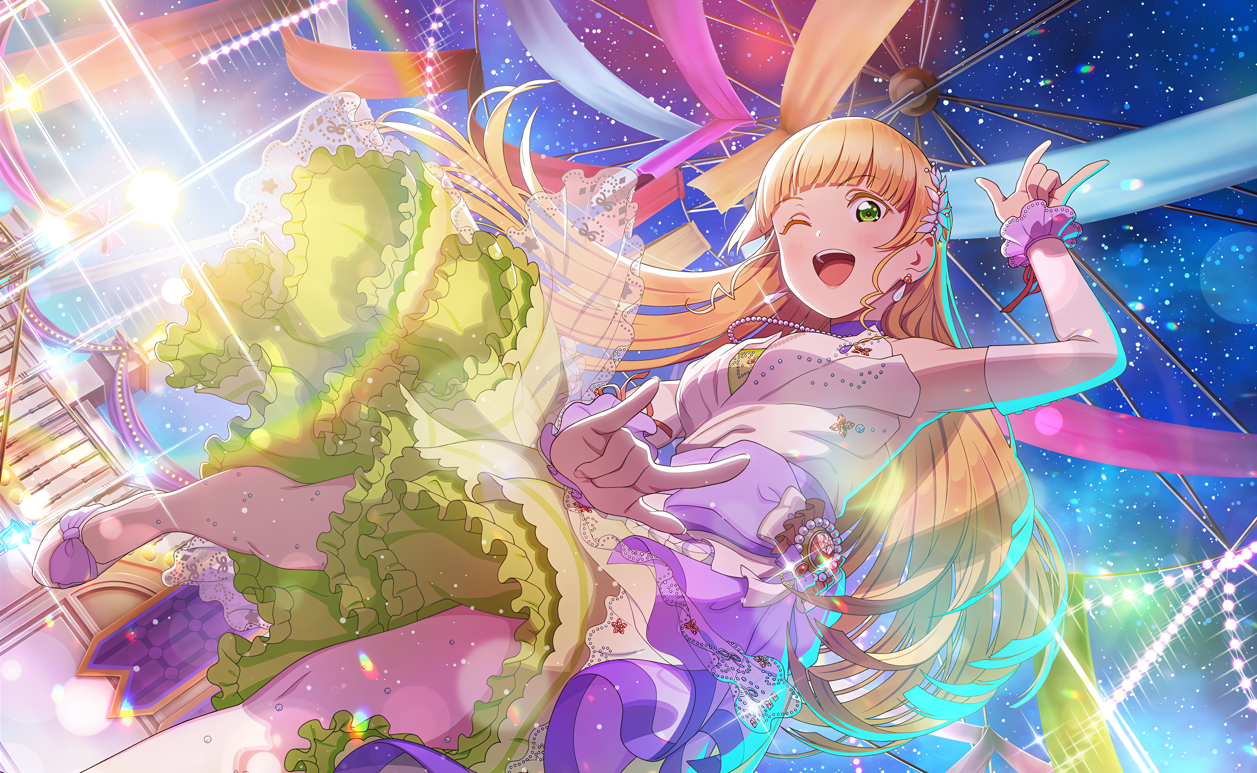 Anime 4096x2520 Love Live! Super Star!! Love Live! Heanna Sumire anime anime girls open mouth long hair blonde green eyes sky looking at viewer stars dress night armpits pearl necklace