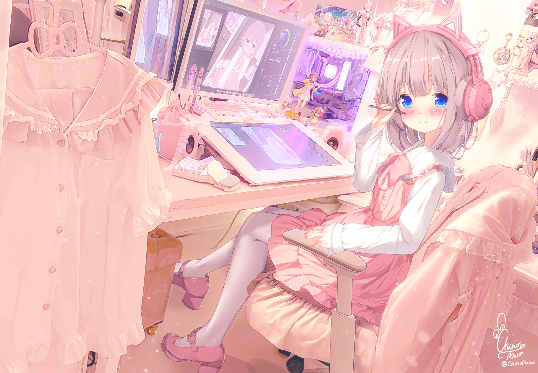 Anime 1820x1264 anime anime girls sitting looking at viewer blushing headphones smiling computer drawing chair watermarked signature clothes short hair blue eyes figurines