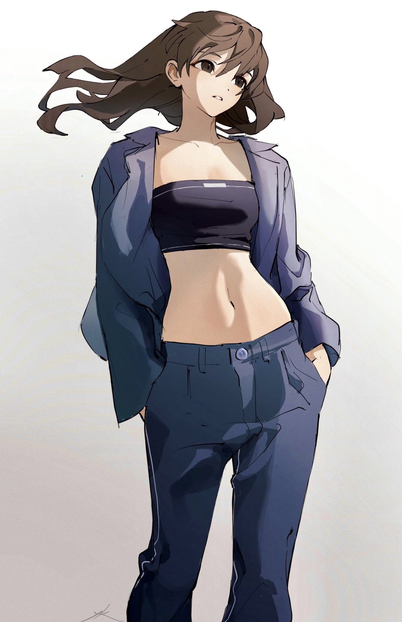 Anime 1324x2048 anime girls sketches portrait display standing looking away long hair simple background belly belly button drawing minimalism signature hair blowing in the wind hands in pockets