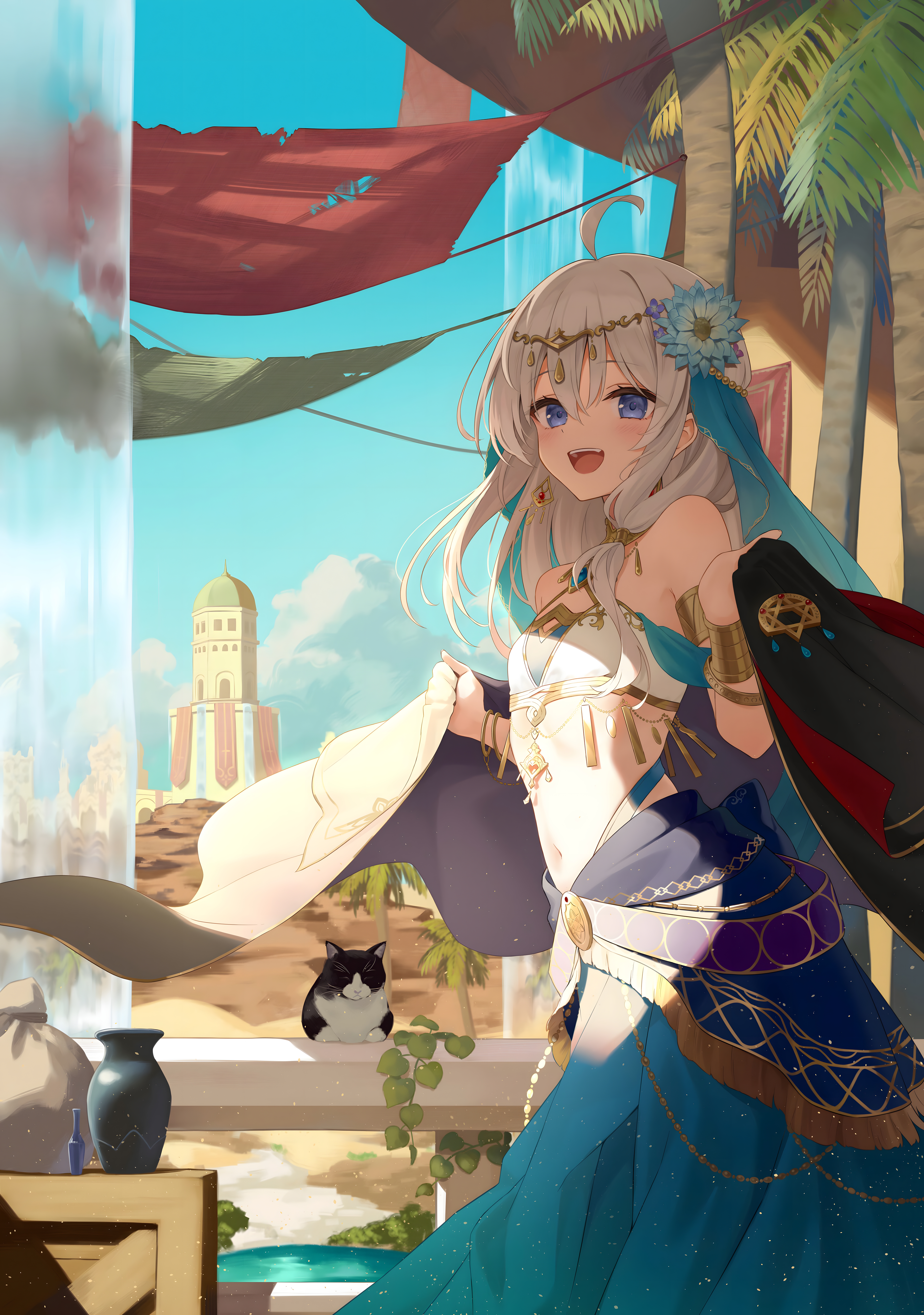 Anime 5760x8192 Elaina (Majo no Tabitabi) Majo no Tabitabi gray hair portrait display anime girls open mouth blushing white hair blue eyes earring clouds sky looking at viewer cats waterfall water flower in hair vases sunlight palm trees