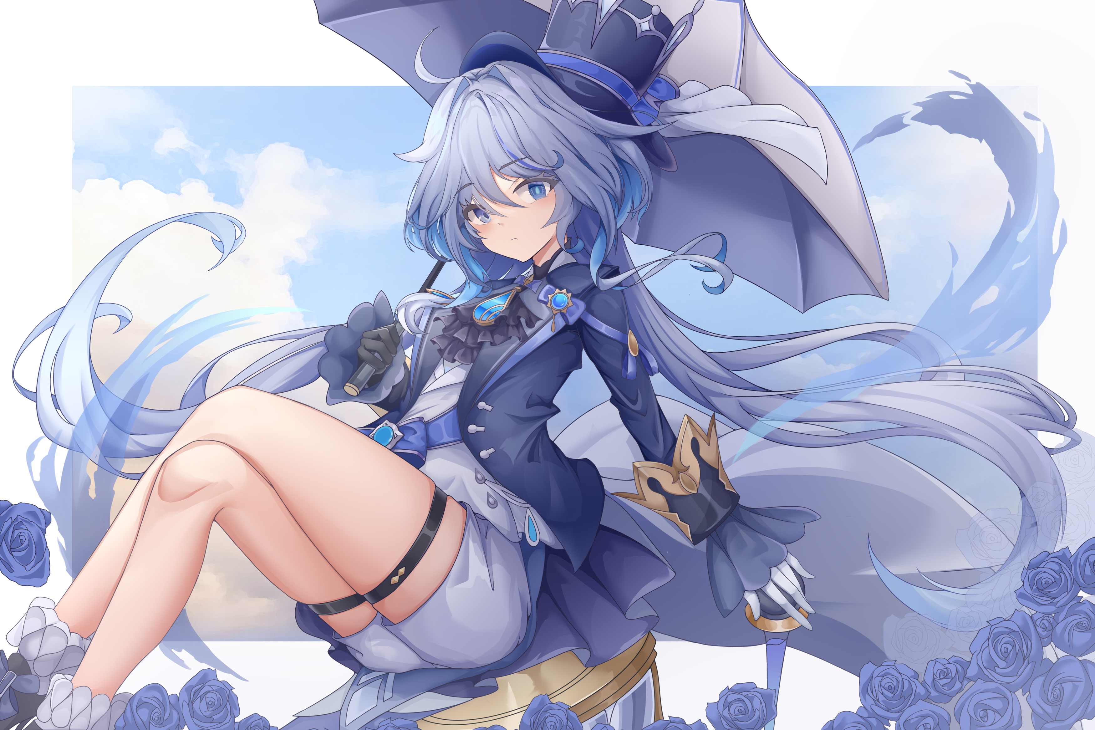 Anime 3500x2333 anime anime girls Furina (Genshin Impact) Genshin Impact umbrella two tone hair blue eyes heterochromia long hair looking at viewer flowers legs crossed hat sky clouds uniform water mismatched gloves gloves