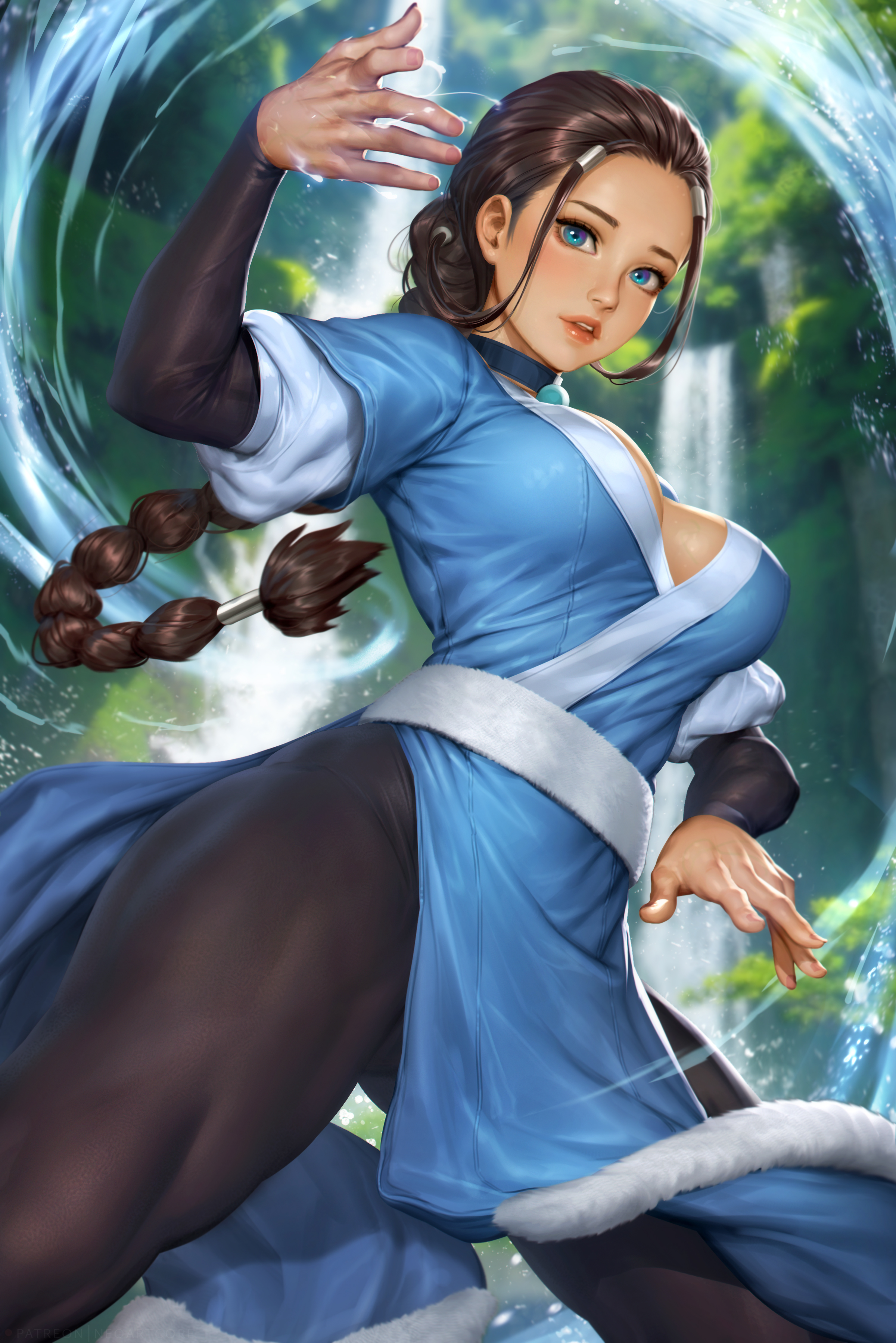 General 2400x3597 Katara Avatar: The Last Airbender Nickelodeon artwork drawing fan art fictional character NeoArtCorE (artist) blue eyes brunette long hair braids big boobs thick thigh choker arm warmers Chinese clothing looking at viewer women outdoors blurry background water waterfall depth of field portrait display ponytail