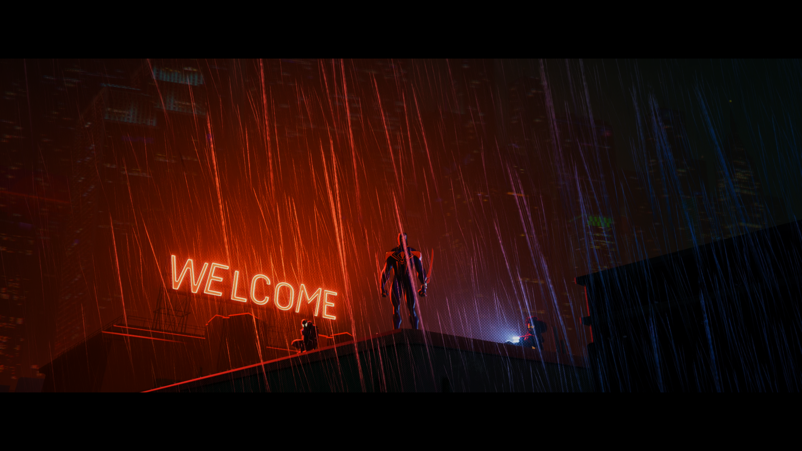 General 2560x1440 Spider-Man: Across the Spider-Verse Spider-Man rain sign neon standing bodysuit superhero digital art