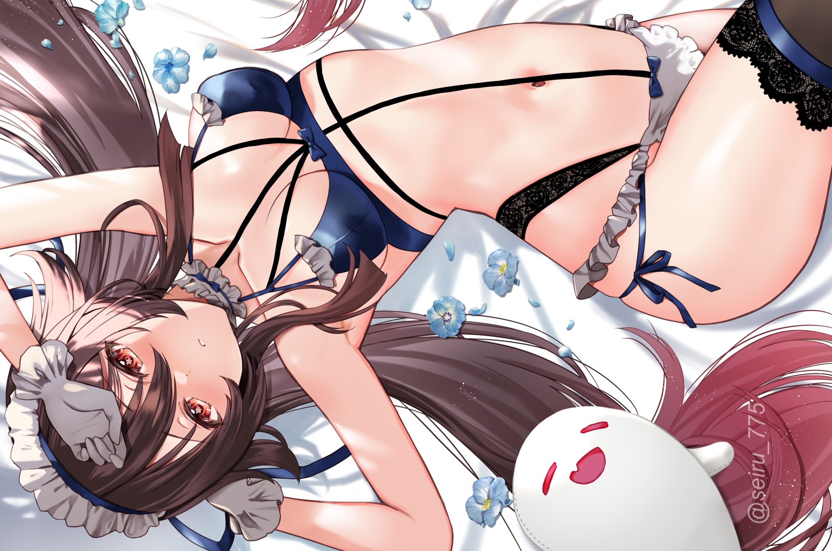 Anime 1697x1124 Genshin Impact in bed anime girls big boobs underwear watermarked Hu Tao (Genshin Impact) brunette white gloves long hair top view looking at viewer lace red eyes body harness Hijiri Ruka blue flowers flowers petals frills