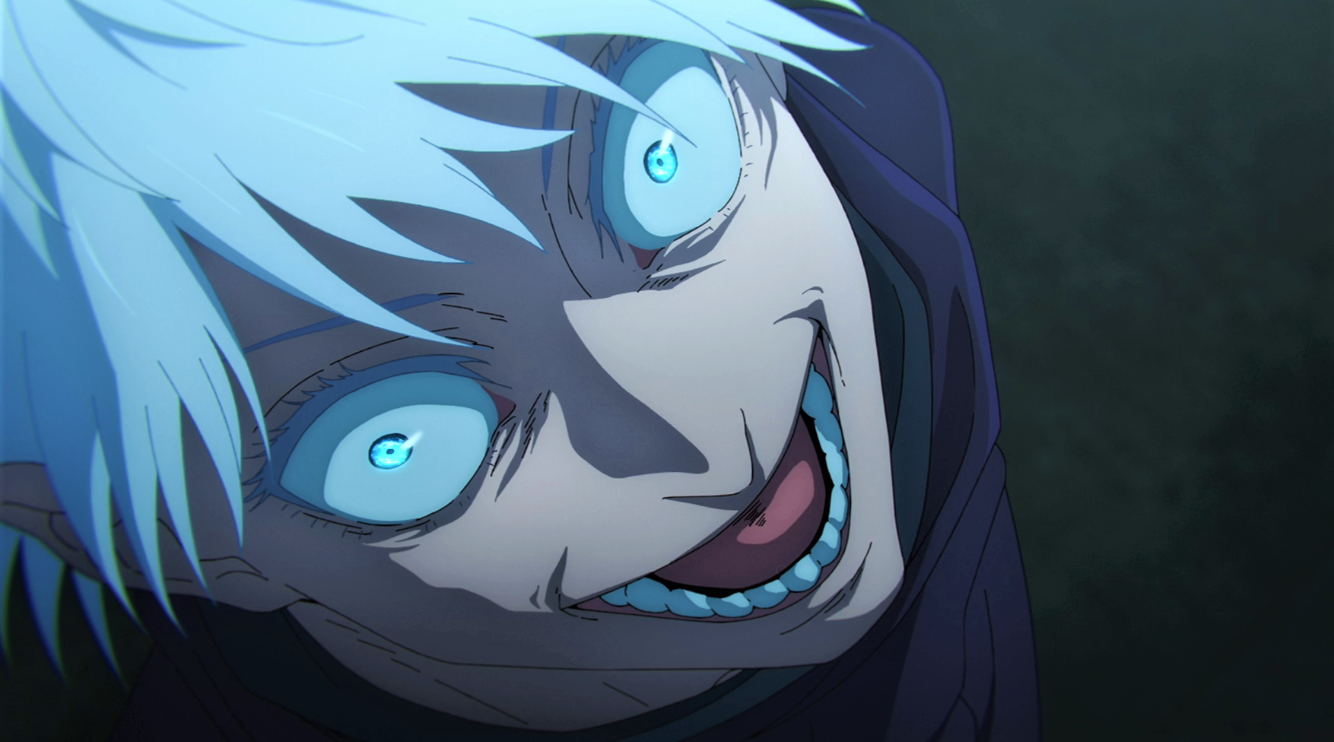 Anime 1920x1069 Satoru Gojo Jujutsu Kaisen white hair smiling scary face blue eyes anime Anime screenshot anime boys teeth