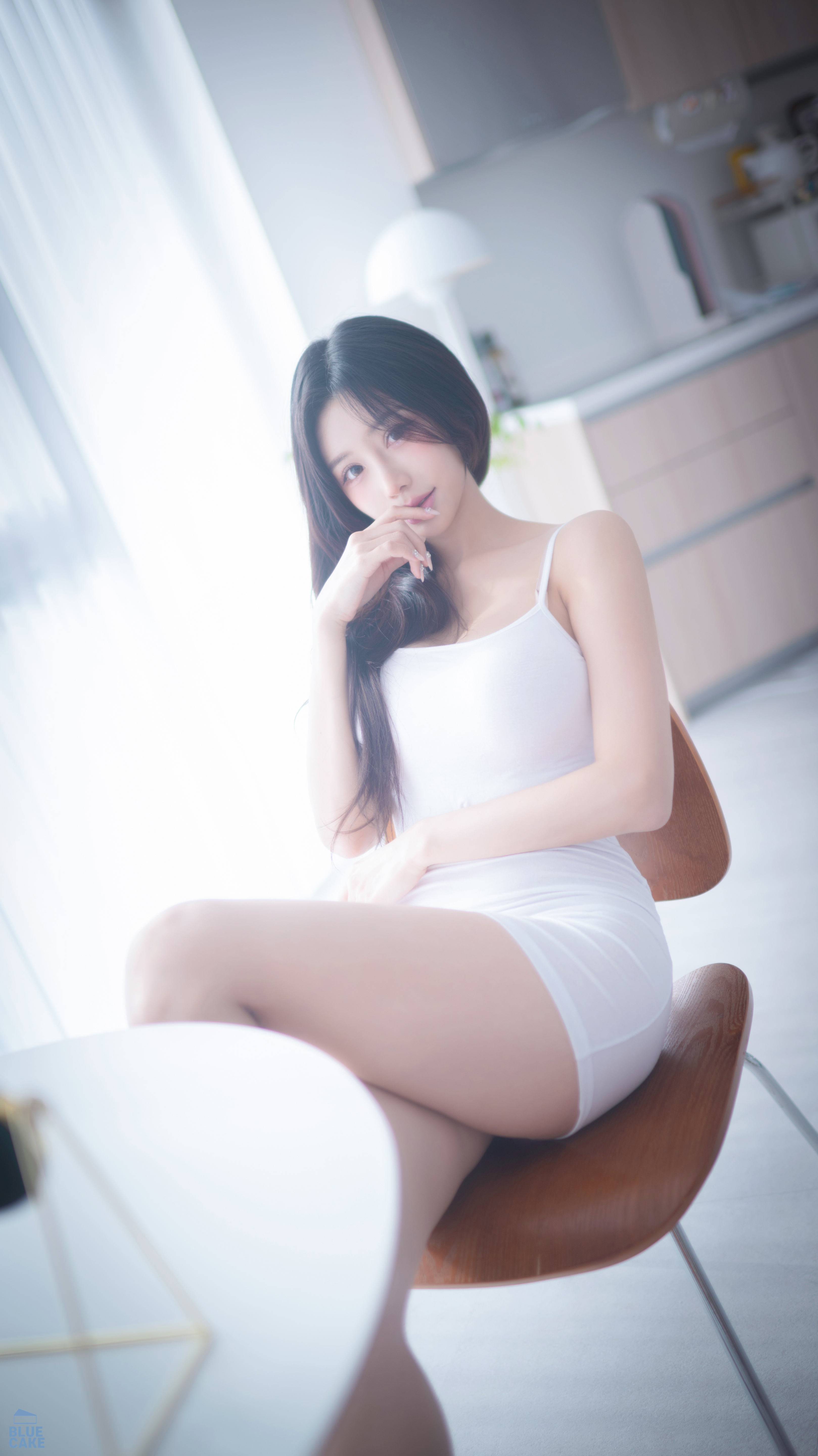 People 3237x5760 Yeon Yu BlueCake women model Asian Korean women women indoors dress white dress legs crossed finger on lips