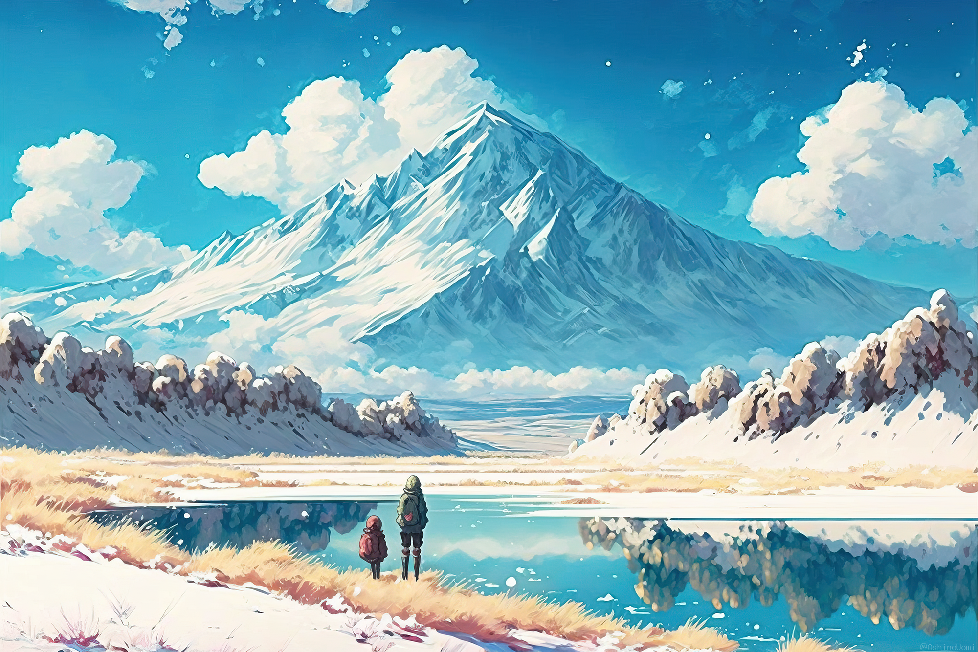 General 2000x1334 Uomi AI art illustration landscape clouds mountains lake ice water reflection artwork
