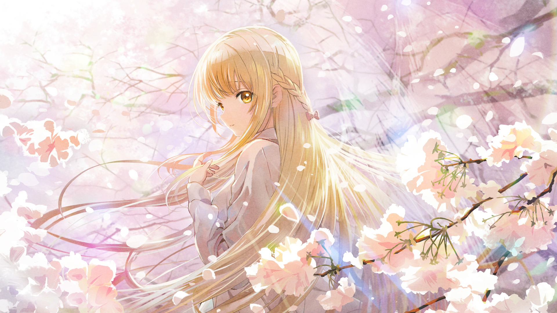Anime 1920x1080 anime girls Shiina Mahiru yellow eyes blonde nature flowers petals braids long hair looking at viewer Otonari no Tenshi-sama