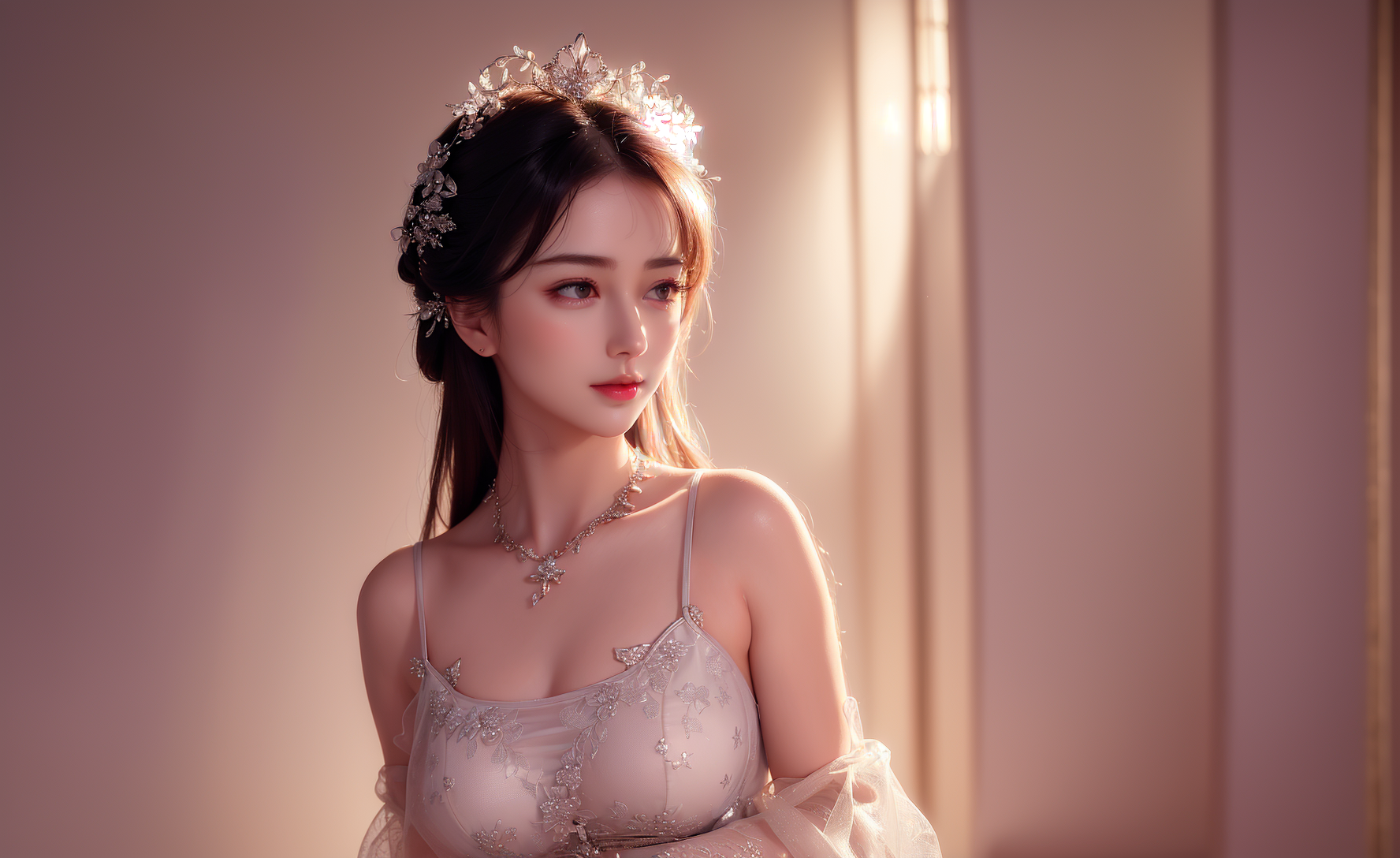 Anime 1776x1088 women tiaras necklace Asian looking away simple background AI art