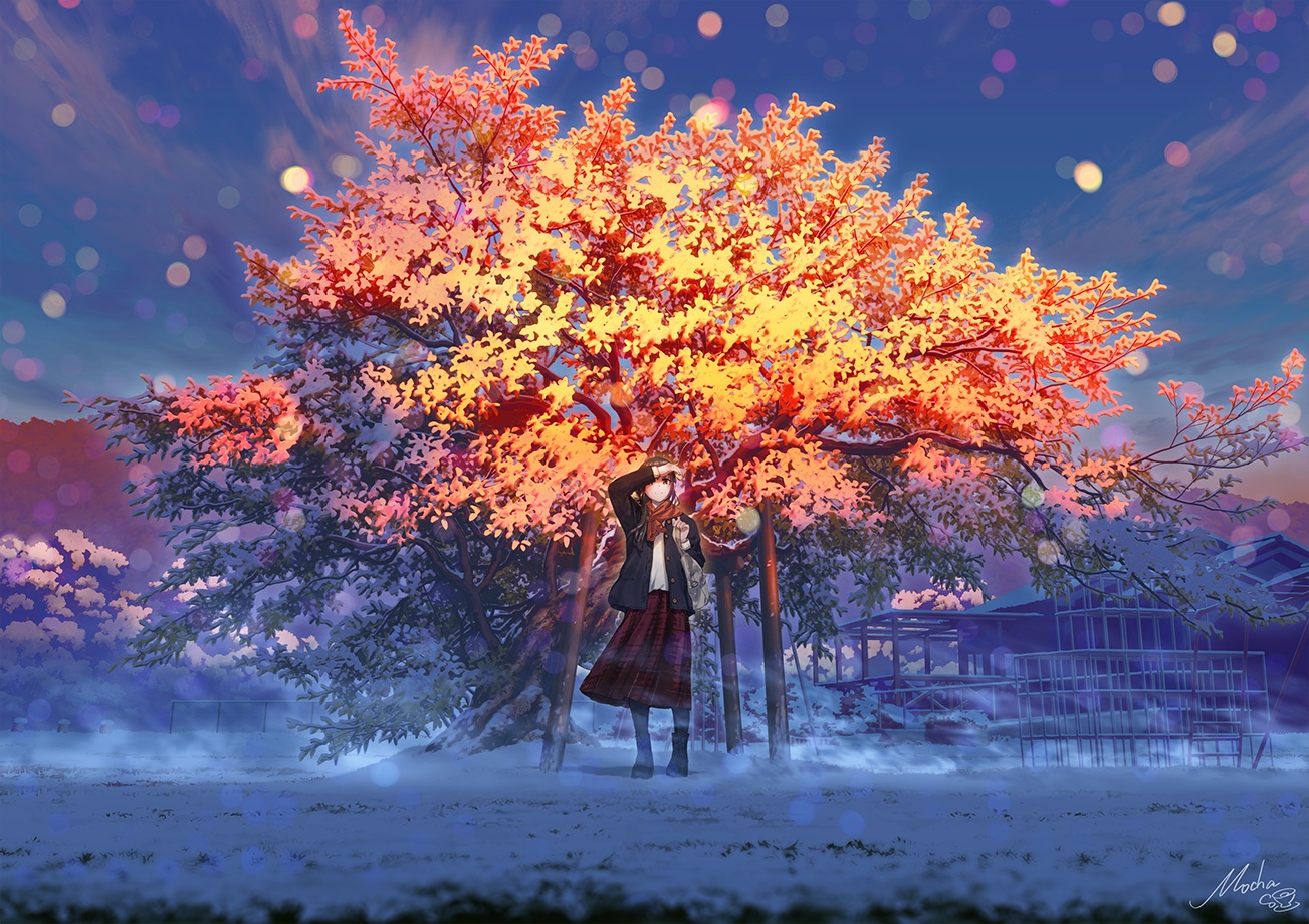 Anime 1303x921 anime girls snow trees original characters boots brunette scarf clouds park one eye obstructed sky sunrise long skirt Mochi (artist)