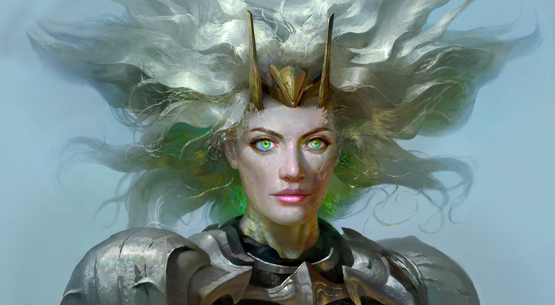 General 1920x1058 Nero Gen digital art artwork illustration women painting multi-colored eyes armor long hair