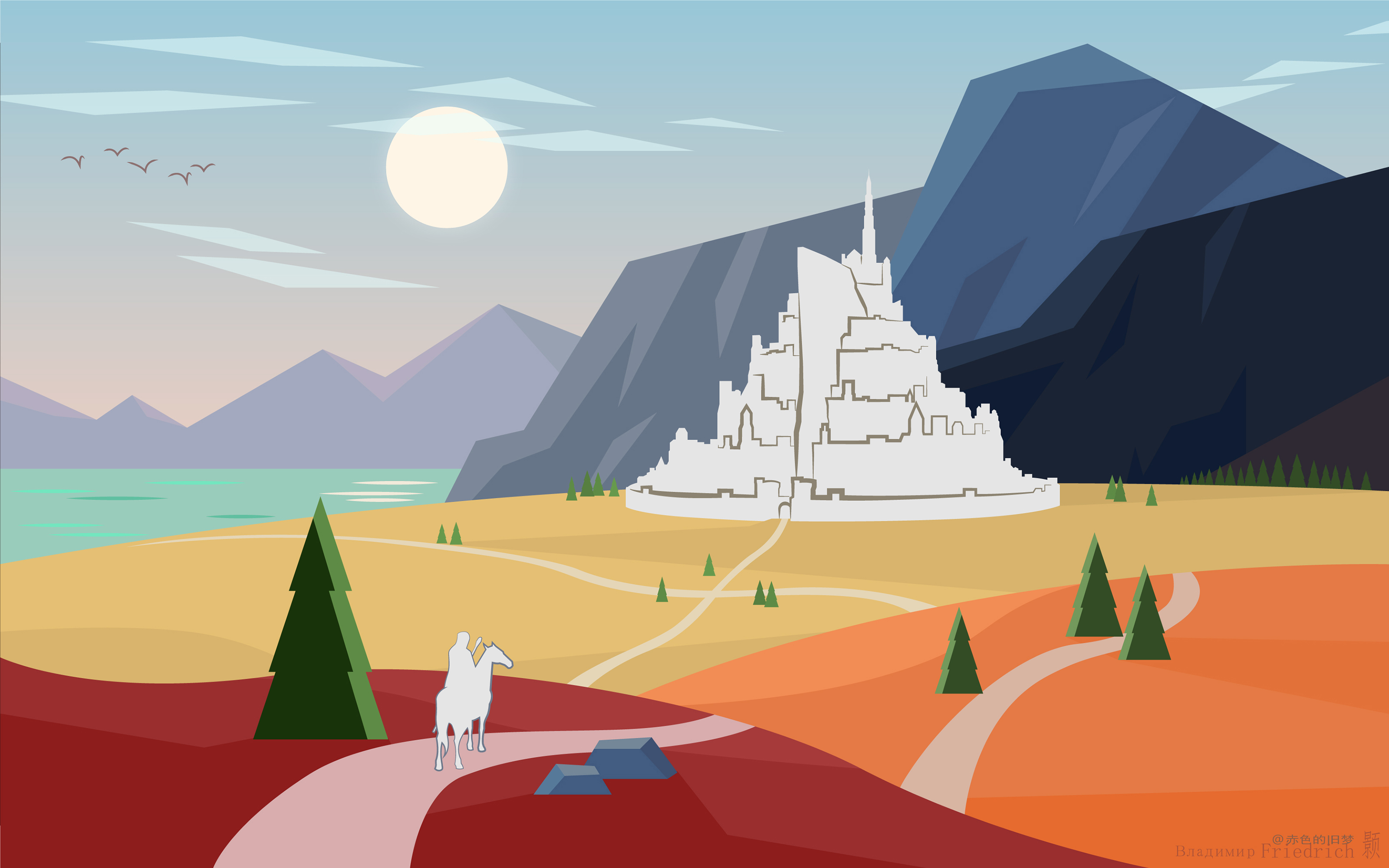 General 3200x2000 Flatdesign landscape The Lord of the Rings Gandalf Minas Tirith minimalism mountains water path castle digital art