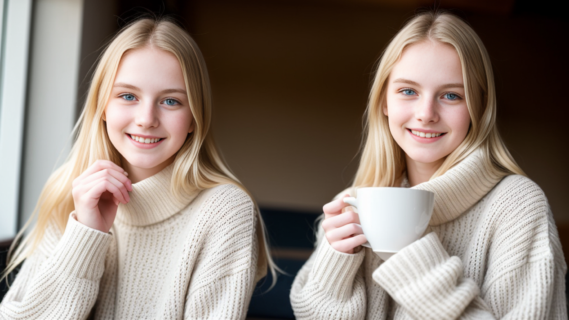 General 1920x1080 women blonde sweater coffee twins sisters white sweater turtlenecks blue eyes cup looking at viewer AI art