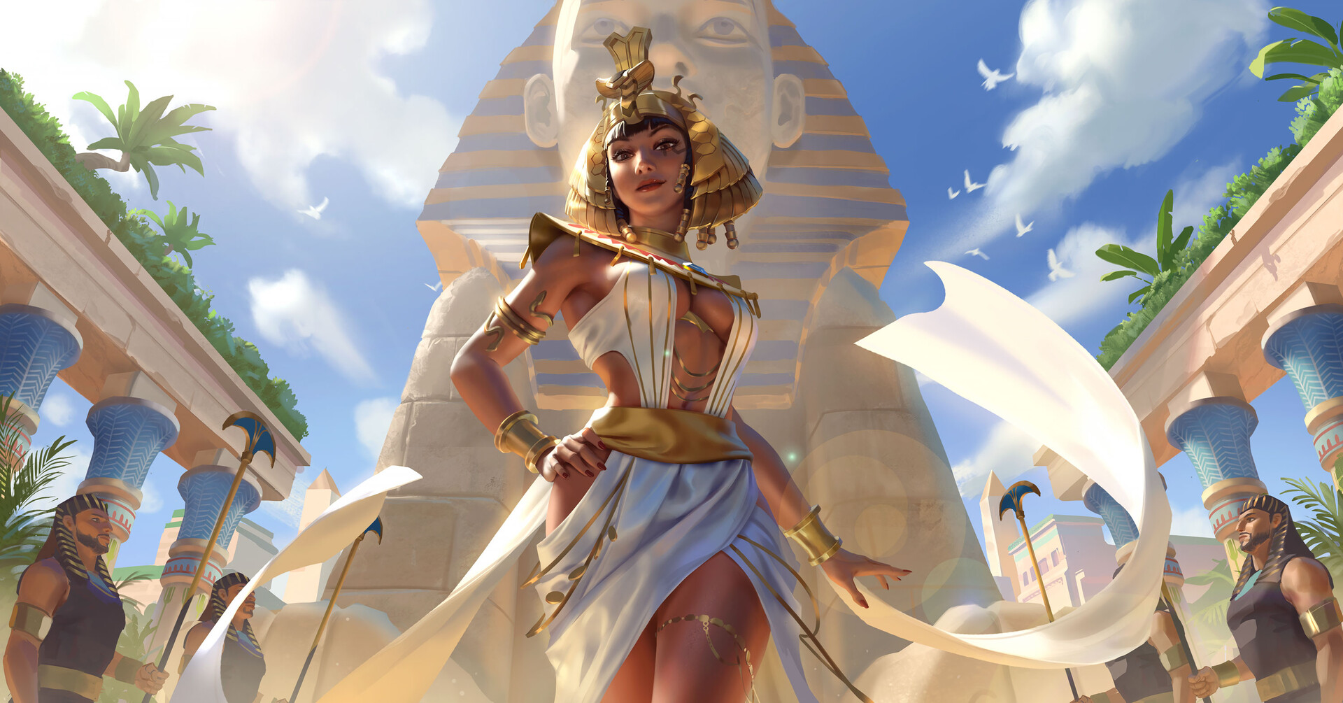 General 1920x1005 Hou China drawing women Egyptian gold low-angle sphinx big boobs dark skin clouds sky looking at viewer