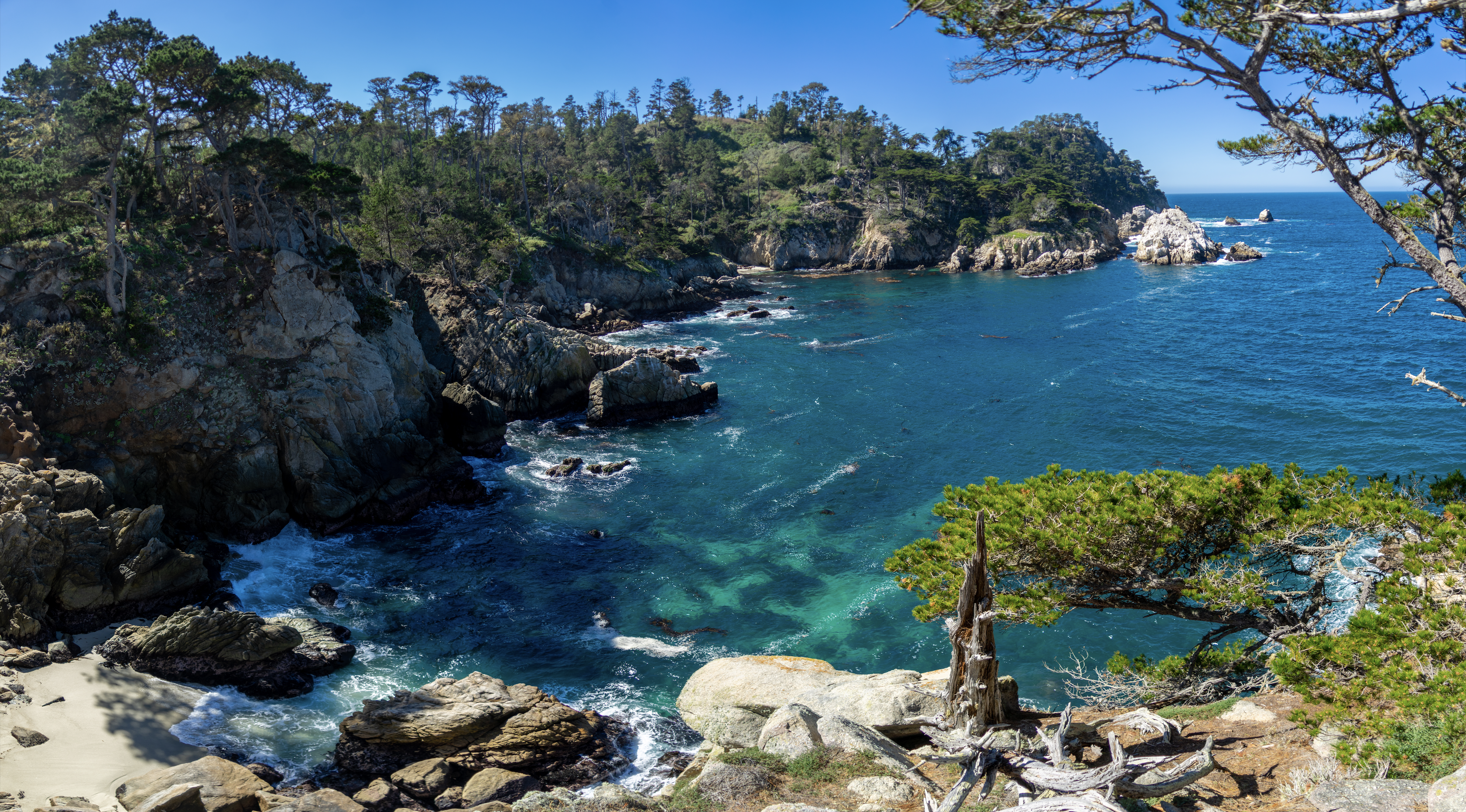 General 3360x1862 California USA landscape nature coast cliff sea Sunny forest shallows calm waters water