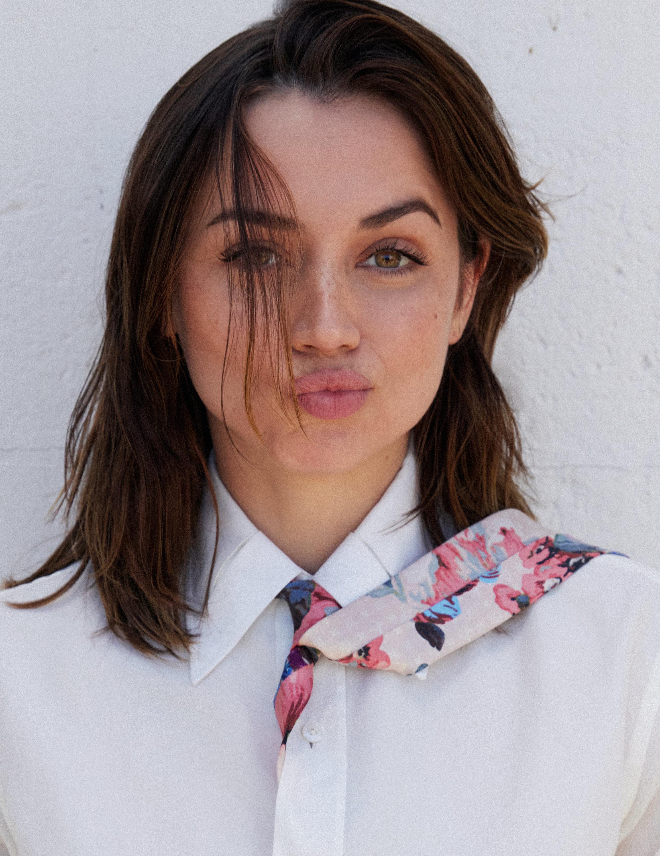 People 2316x3000 Ana de Armas actress looking at viewer brunette white shirt tie women portrait display simple background pouting hair over one eye