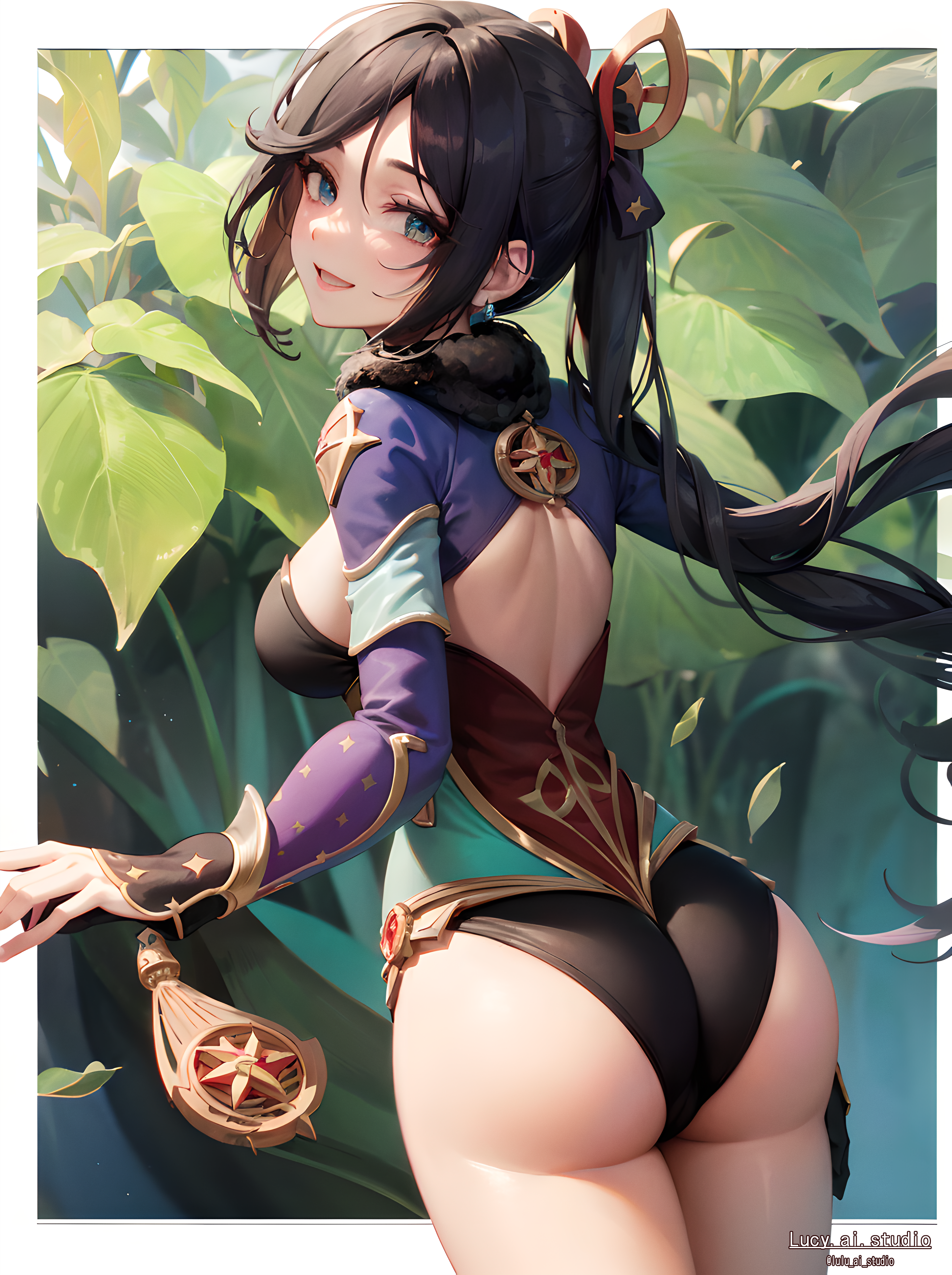 Anime 3584x4800 anime anime girls Genshin Impact AI art Mona (Genshin Impact) Lucy (Artist) ass looking back leaves sideboob big boobs long hair looking at viewer portrait display plants thighs back glutes text Pixiv