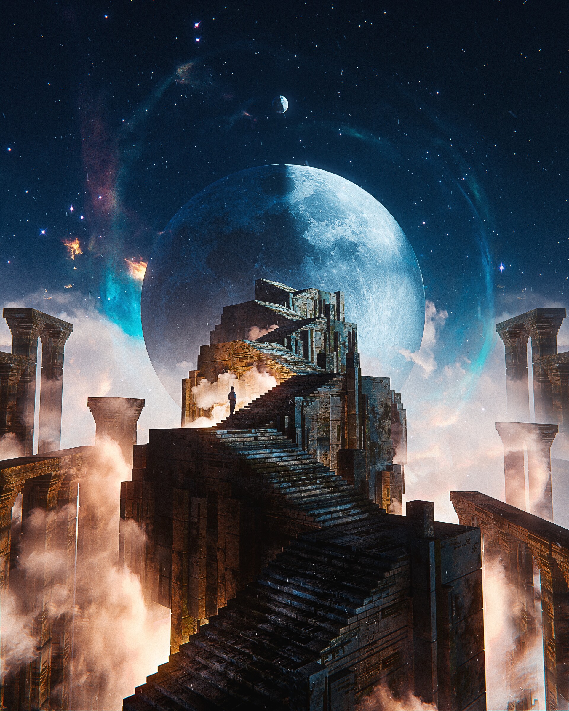 General 1920x2400 digital art artwork illustration Moon architecture abstract space stars stairs portrait display