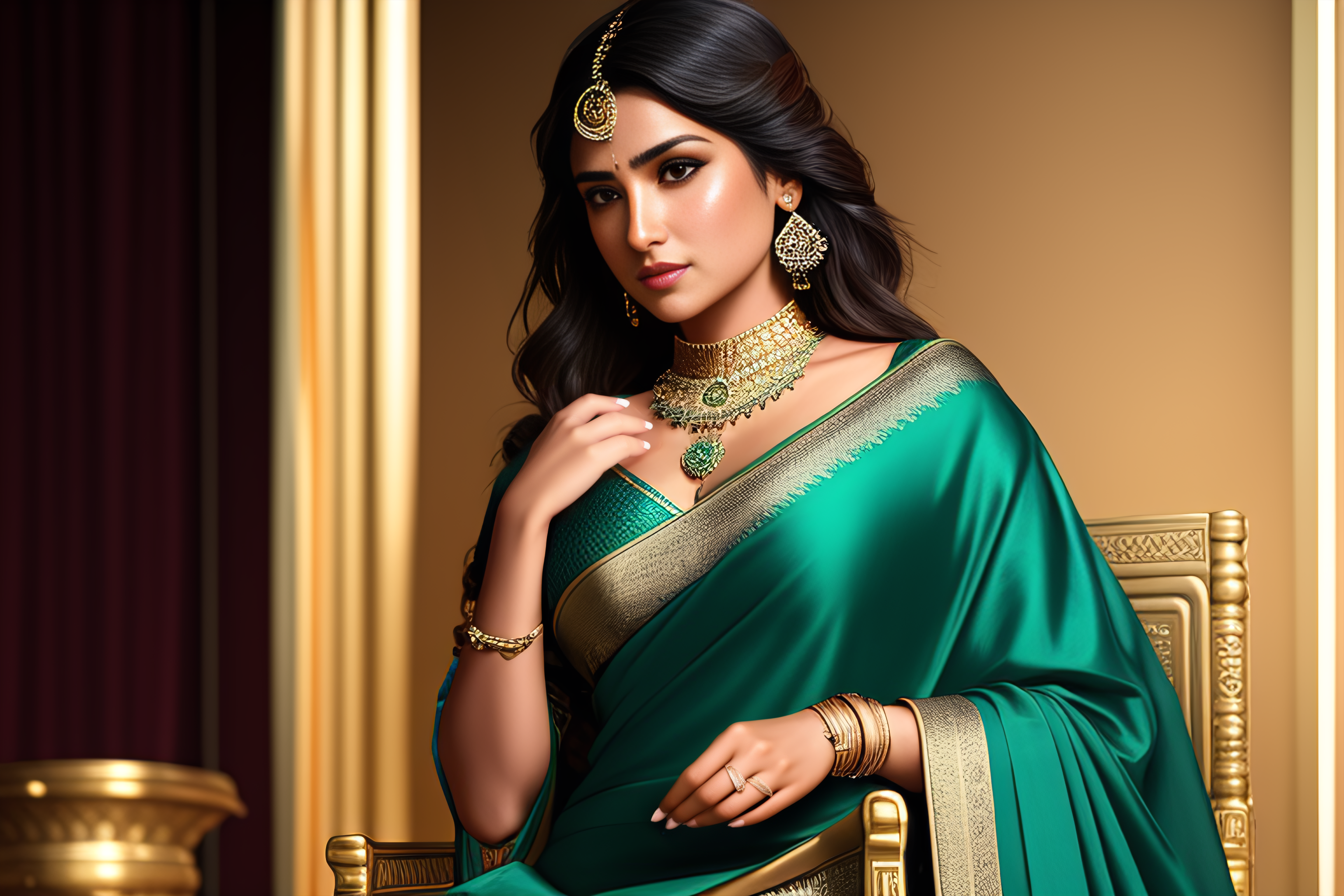 General 3072x2048 women AI art saree earring digital art closed mouth bracelets Indian looking at viewer