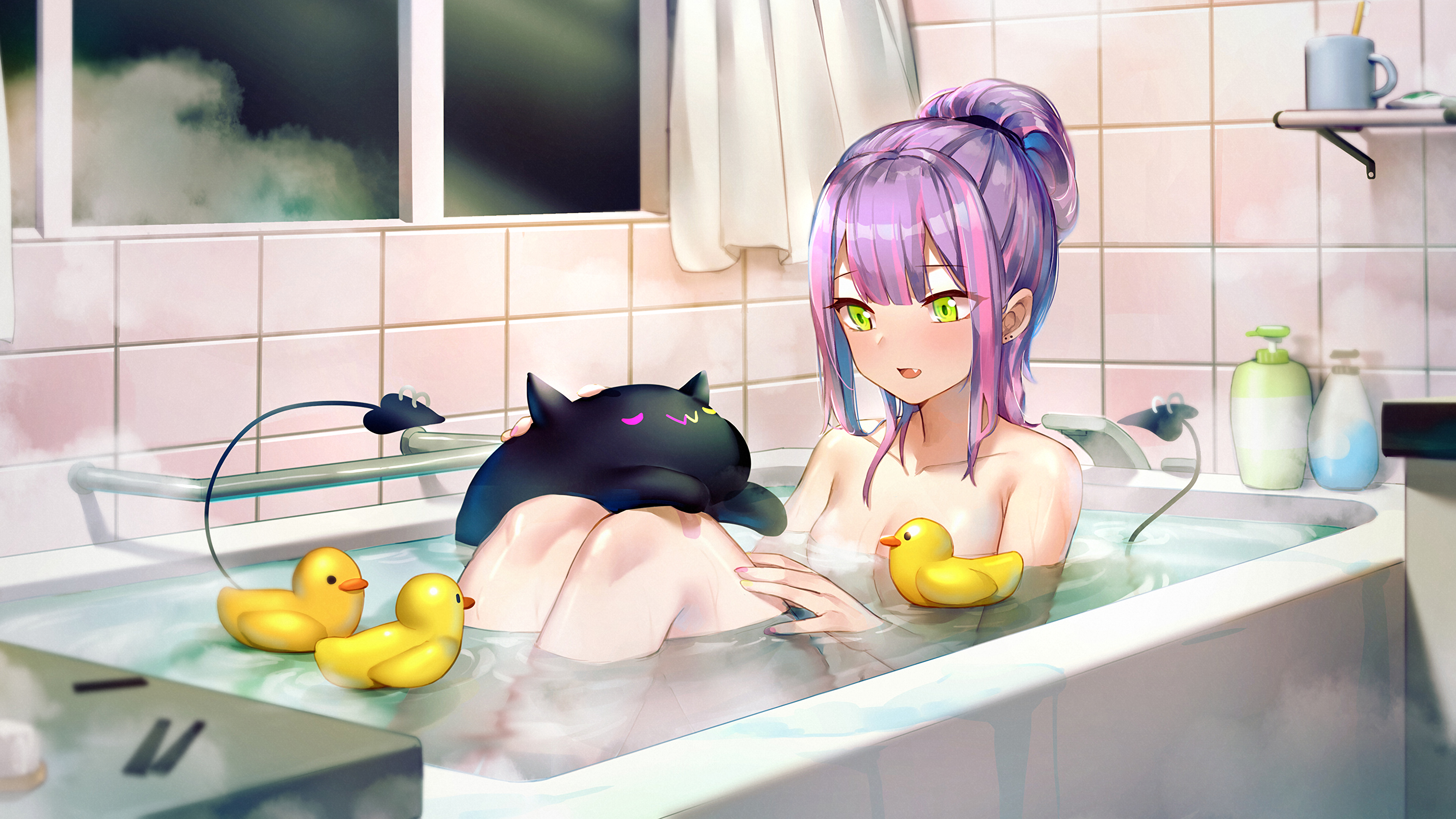 Anime 3840x2160 Tokoyami Towa Hololive purple hair anime girls bathtub cats bathing rubber ducks two tone hair demon girls demon tail green eyes bath strategic covering Virtual Youtuber