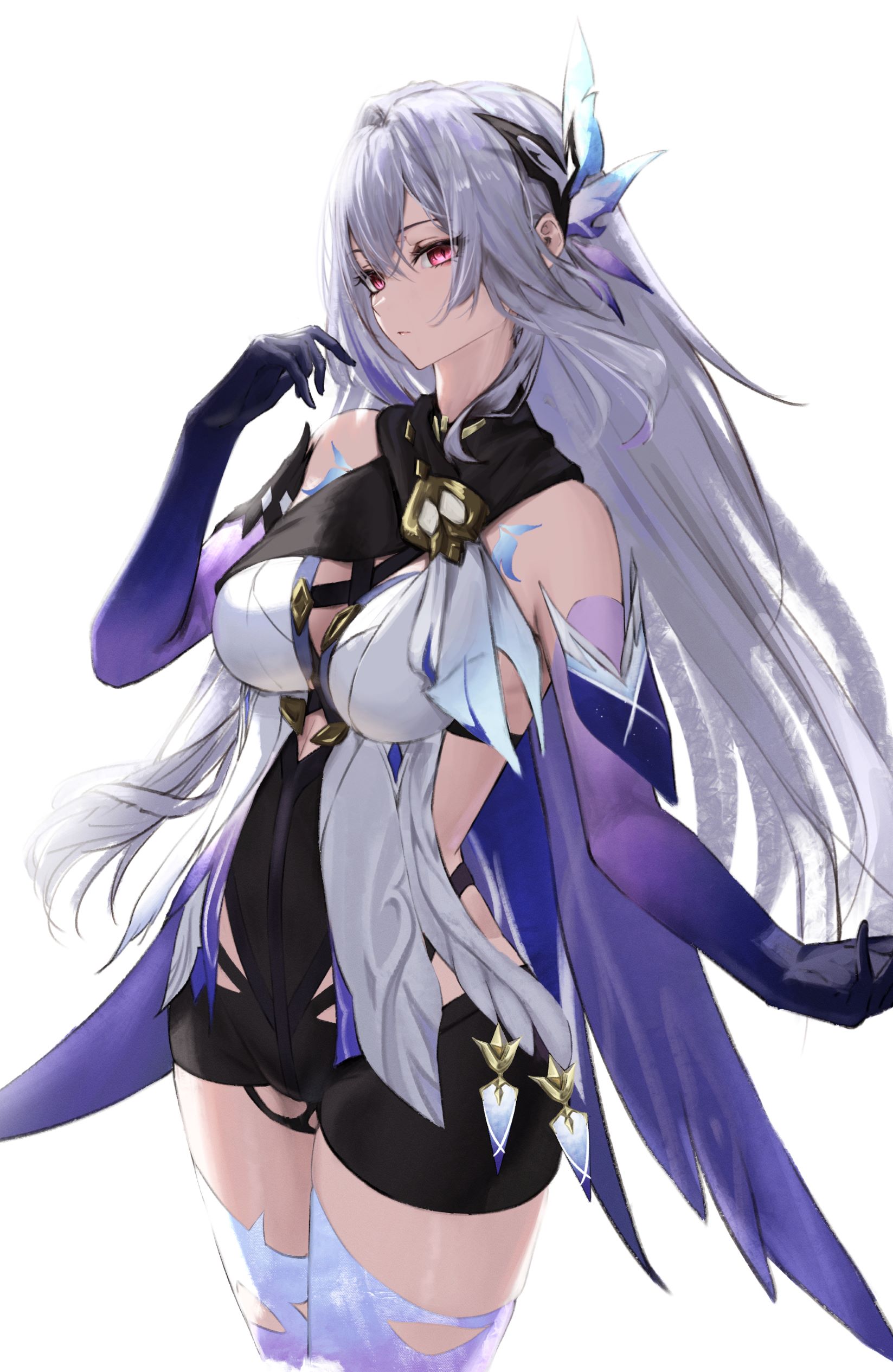 Anime 1647x2530 anime anime girls Skirk (Genshin Impact) Genshin Impact standing Bakemonsou long hair simple background thighs white background bright looking at viewer gray hair purple eyes bare shoulders closed mouth short shorts hair between eyes gloves elbow gloves purple gloves