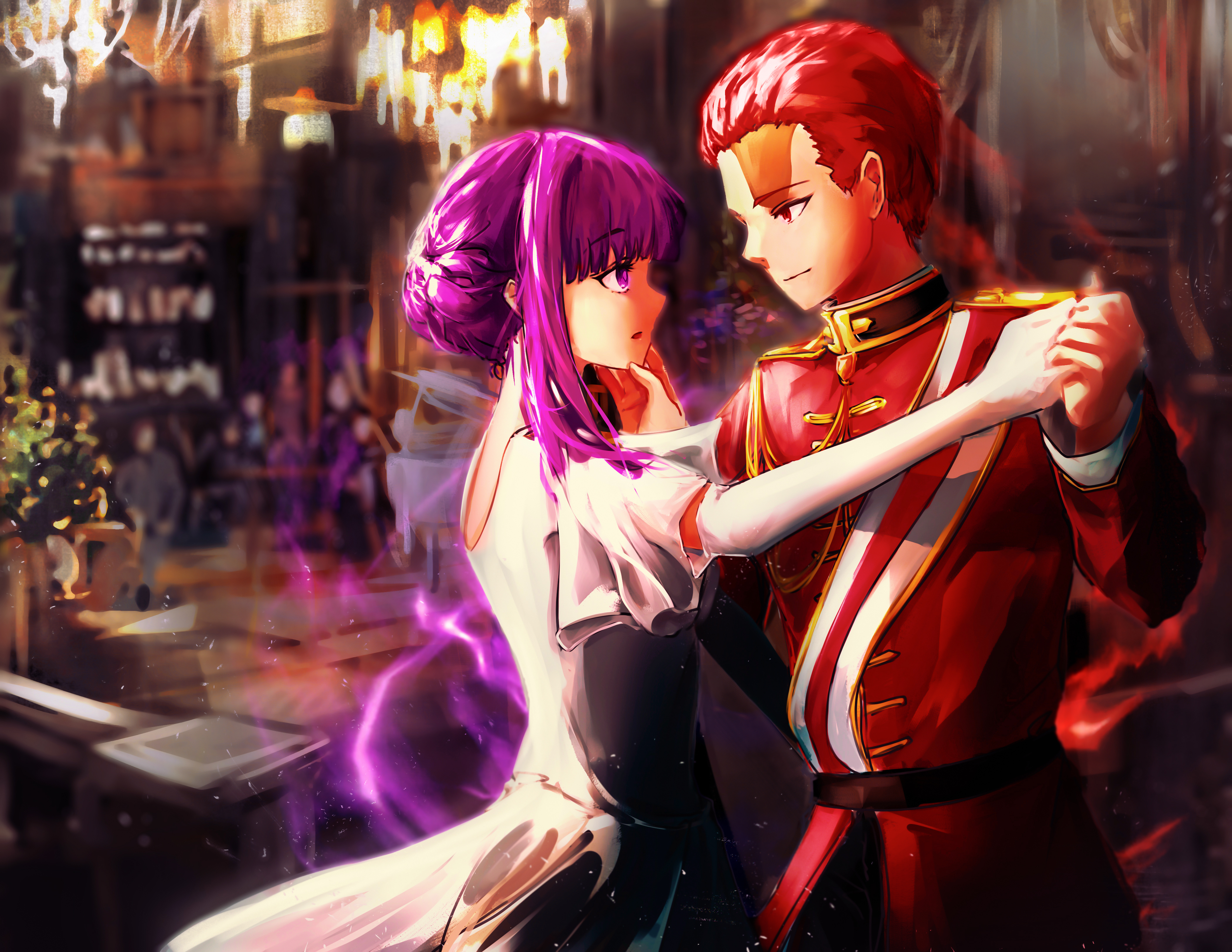 Anime 4199x3246 anime dance arm Sousou No Frieren Fern (Sousou No Frieren) Stark (Sousou no Frieren) anime girls anime boys white gloves elbow gloves blurry background gloves uniform long hair purple hair purple eyes red eyes closed mouth redhead white dress long sleeves dancing
