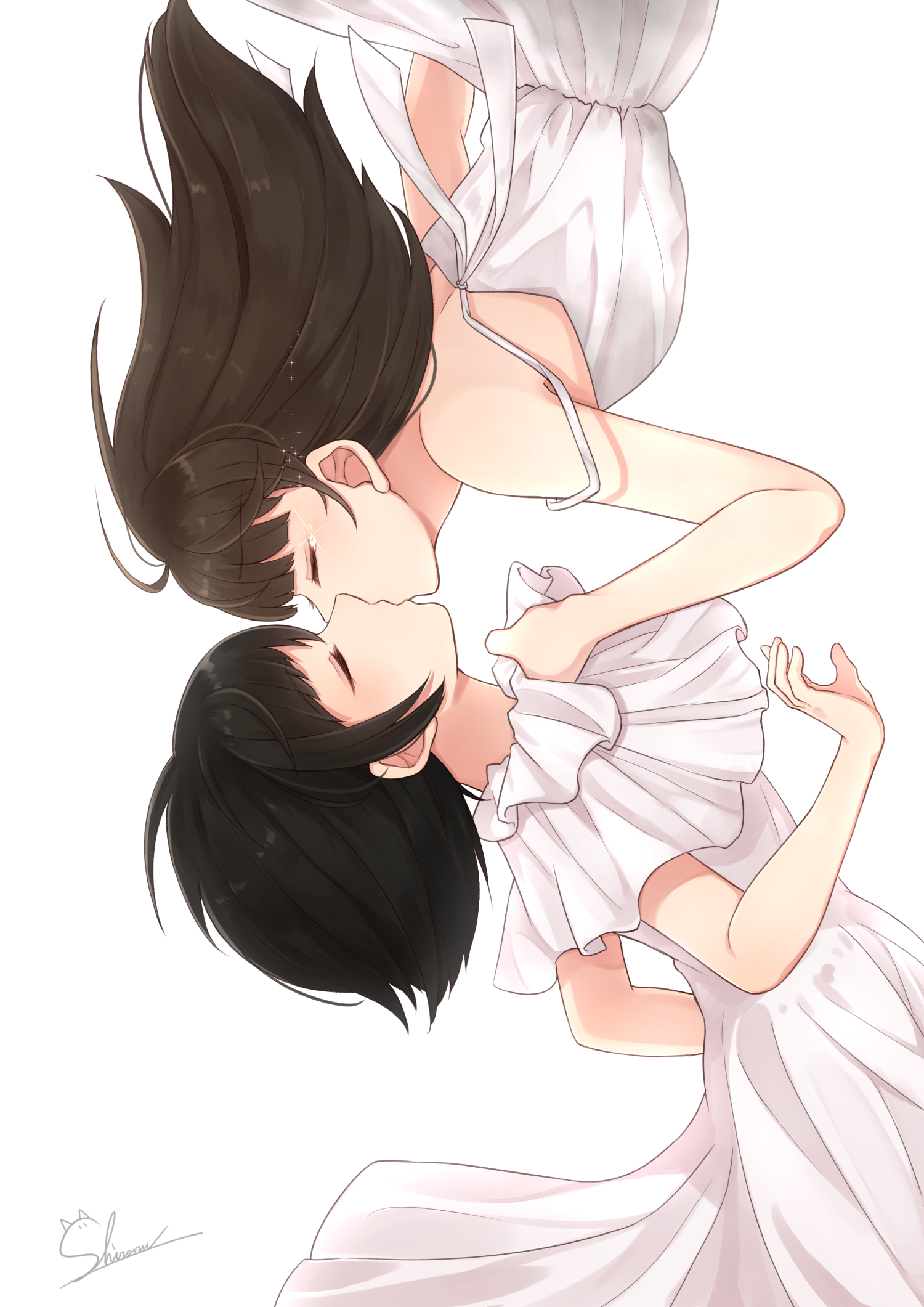 Anime 1500x2121 two women white background kissing closed eyes white dress yuri